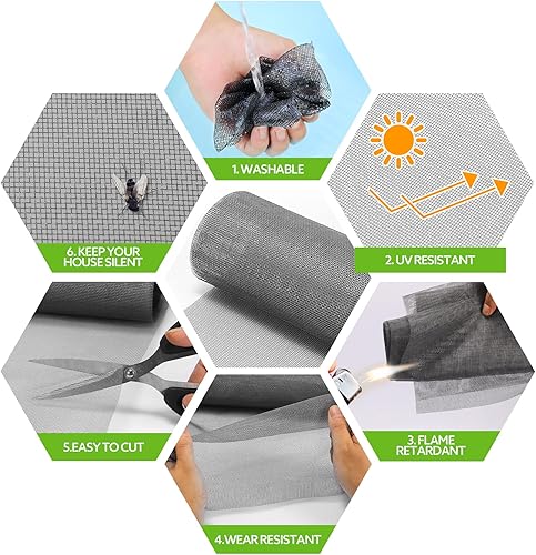 Miniatura 5 de FLYZZZ Pantalla de malla para ventana, rollo de malla para puerta, malla de repuesto para bricolaje, 36 pulgadas x 100 pies, color gris