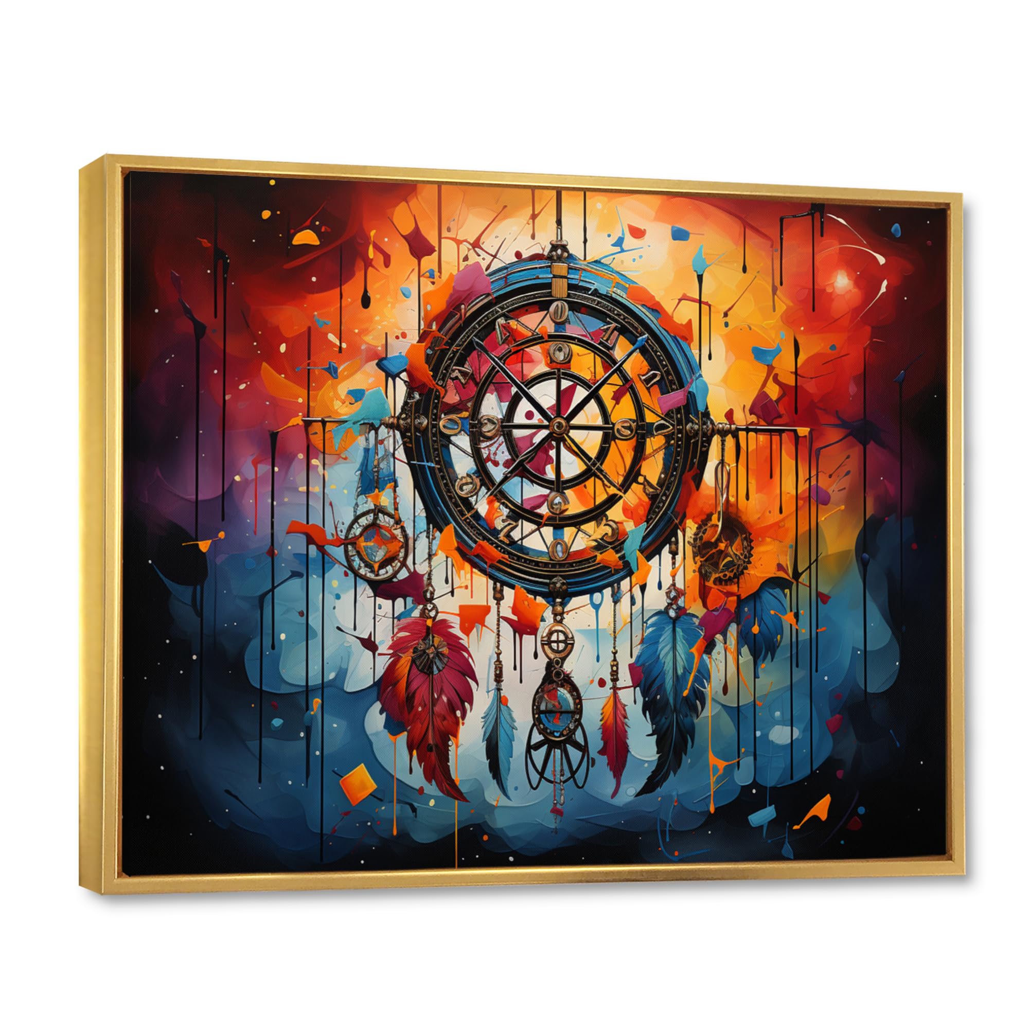 Dream catcher framed wall Art, Bold and Dreamy Orange Dream Catcher I, Dream catcher framed wall art decor, Orange Traditional Gold framed wall art, 44x34 inches Gold Frame
