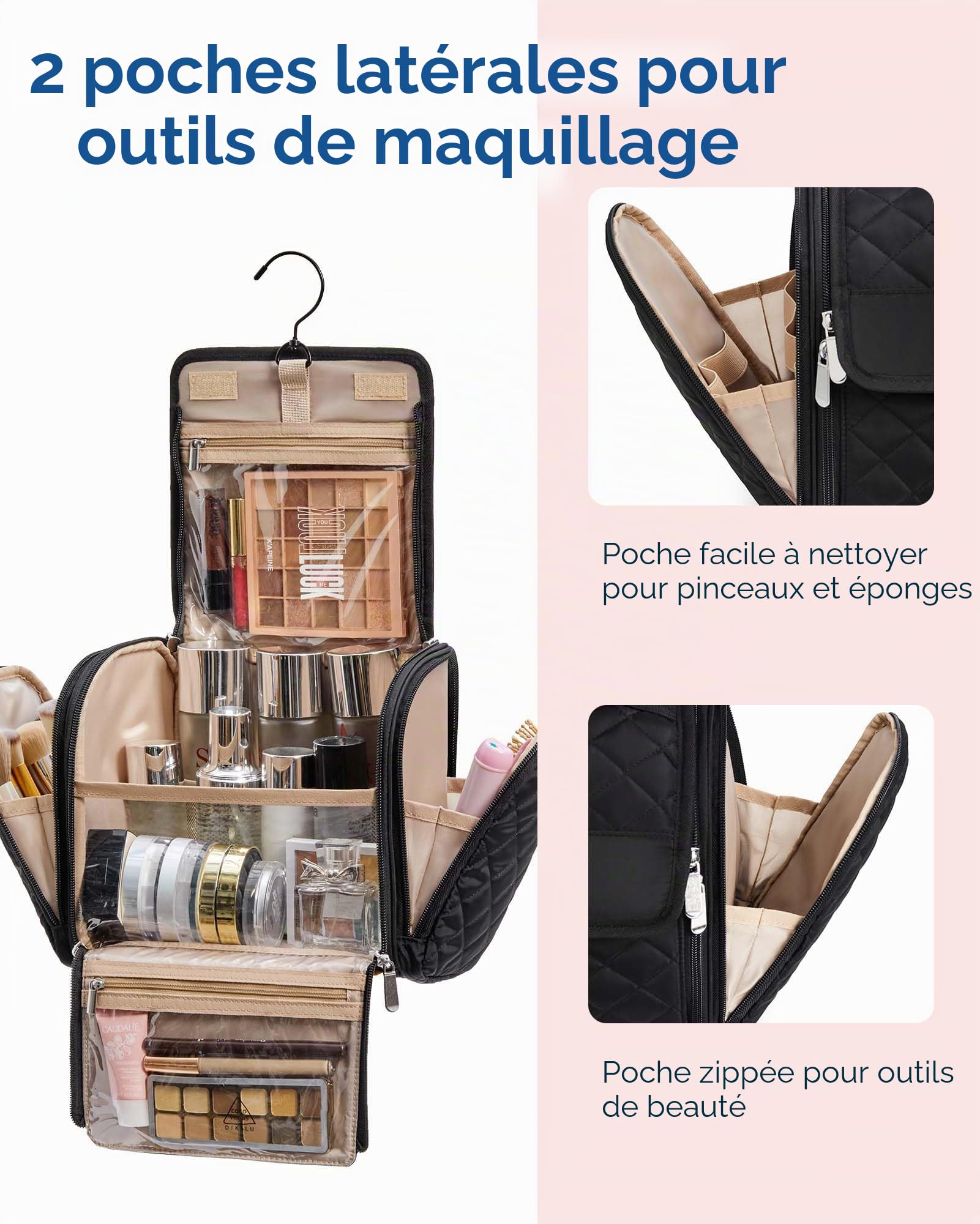 BAGSMART Trousse de Toilette Femme Voyage,Grande Capacité Trousse de Maquillage avec Crochets à Suspendre,Imperméable pour Articles de Toilette,Accessoires de Voyage, Noir