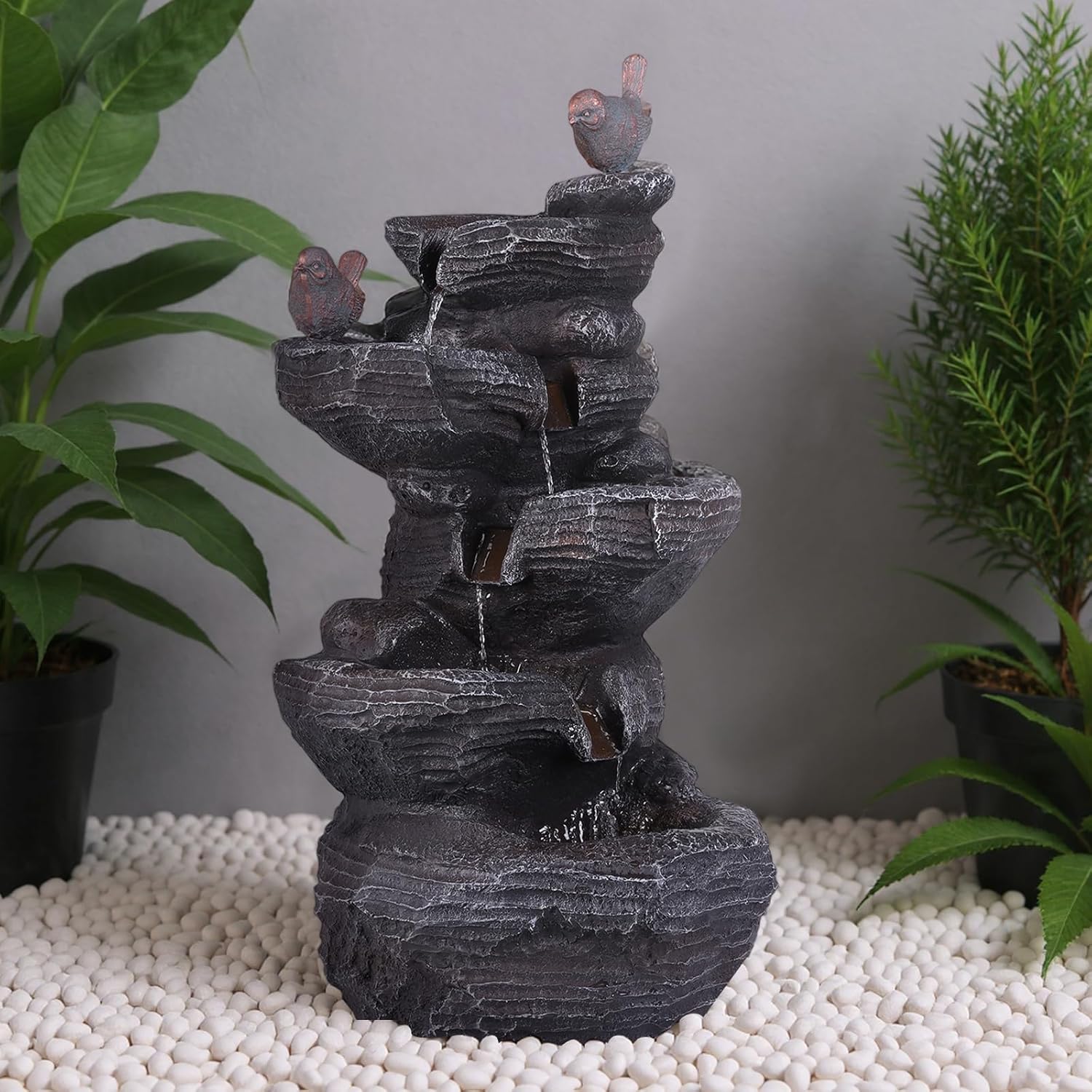 Generic Cascading Water Fountain with LED Lights Resin Stone Imitation Waterfall Tabletop Fountain Relax Meditation Decor for Home Office