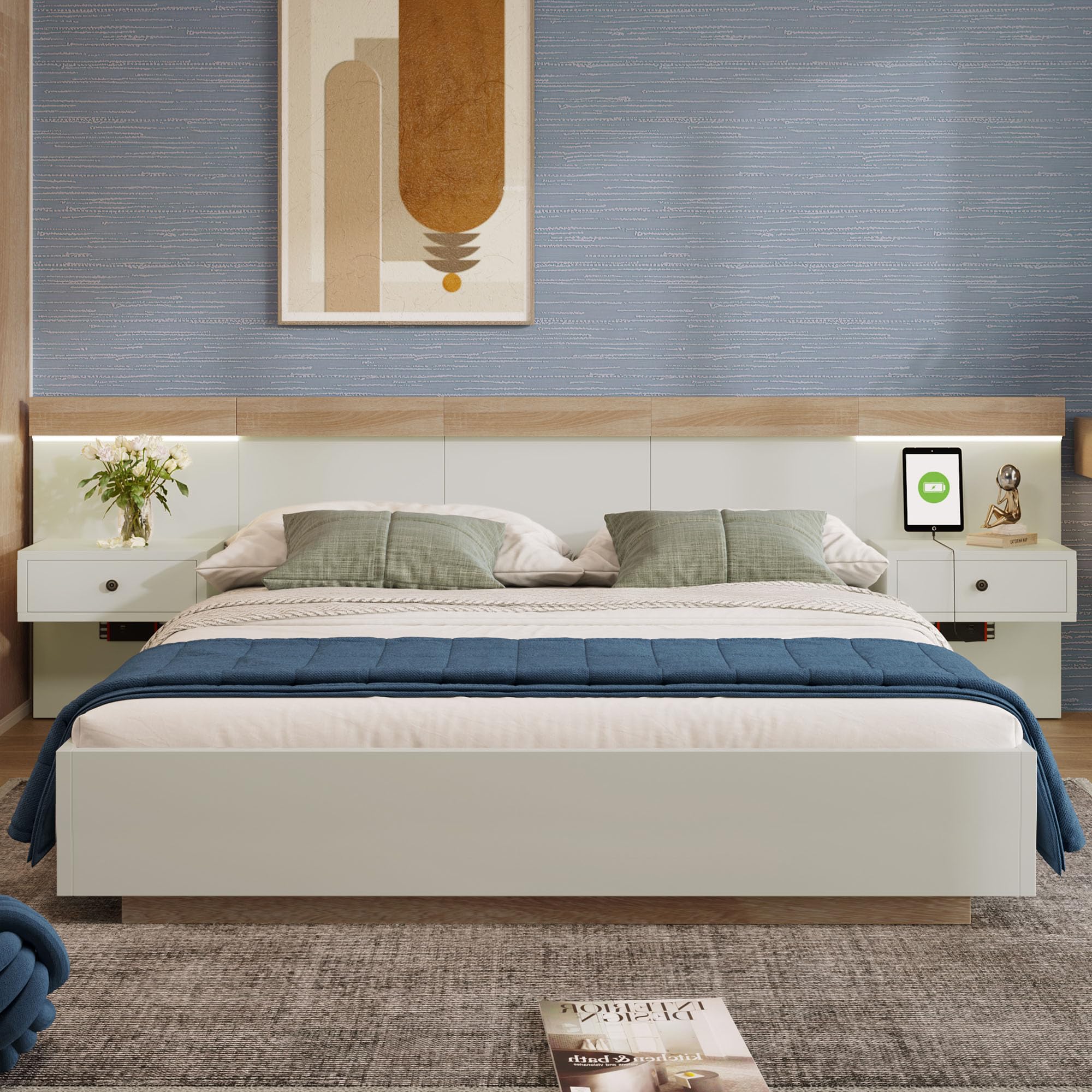 Doppelbett Bettanlage mit 2 LED Nachtkommoden& USB C Steckdose 180 x 200 cm Holzbett inkl. 2 Nachttischen Schlafzimmer Komplett-205x284x90.5 cm(T/B/H) Set in Eiche Sonoma/Weiß(Ohne Matratze)