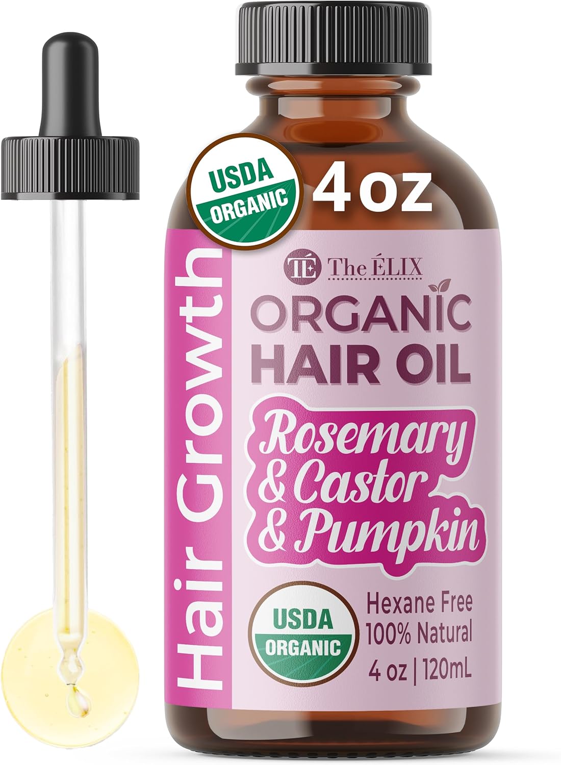 USDA Organic Rosemary Hair Oil for Hair Growth 4oz – Cold Pressed & Hexane Free Blend of Castor, Pumpkin Seed, Peppermint & Jojoba Oils – Thickening & Strengthening Hair Loss Treatment for Women & Men