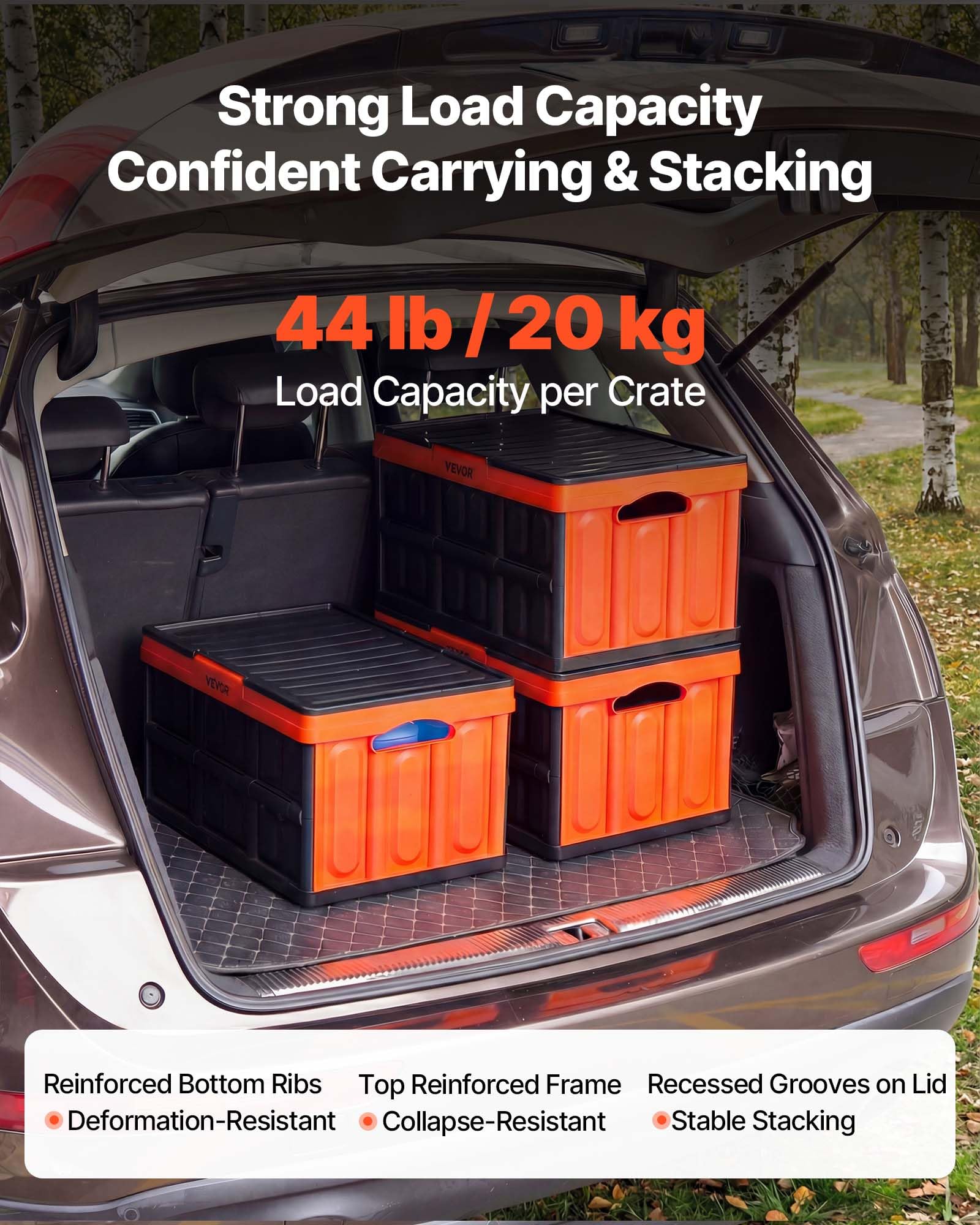 VEVOR Klappbox 45 L 3er-Pack, Faltbare Aufbewahrungsboxen aus Kunststoff, Stapelbare Klappkörbe mit Deckel, Tragkraft 20 kg pro Box, Klappkiste, Ideal für Haushaltsorganisation, Orange & Schwarz