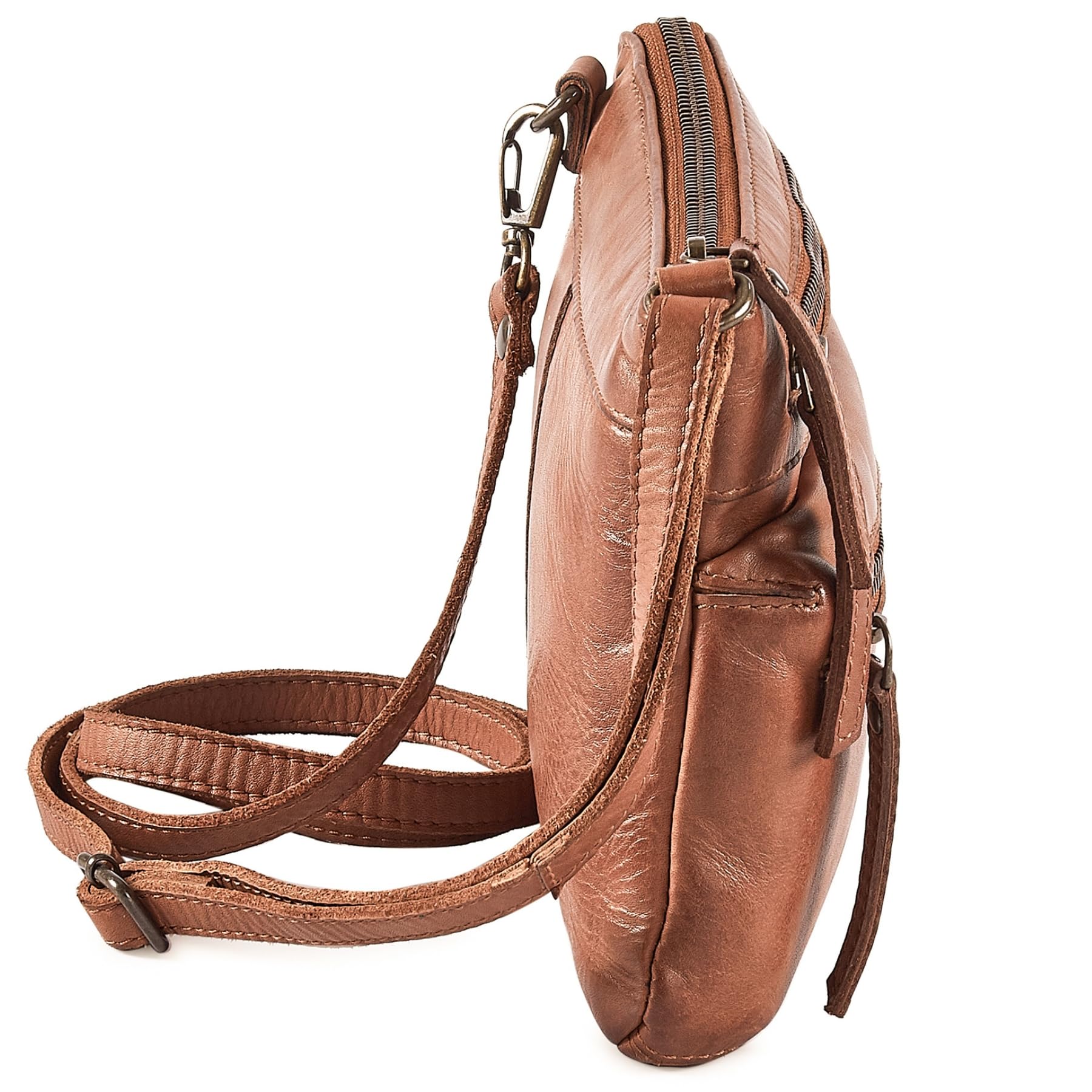 Wise Owl Accessories Bolso bandolera pequeño de cuero real con triple cremallera para mujer - Bolso bandolera cruzado vintage de primera calidad (Vintage lavado coñac)