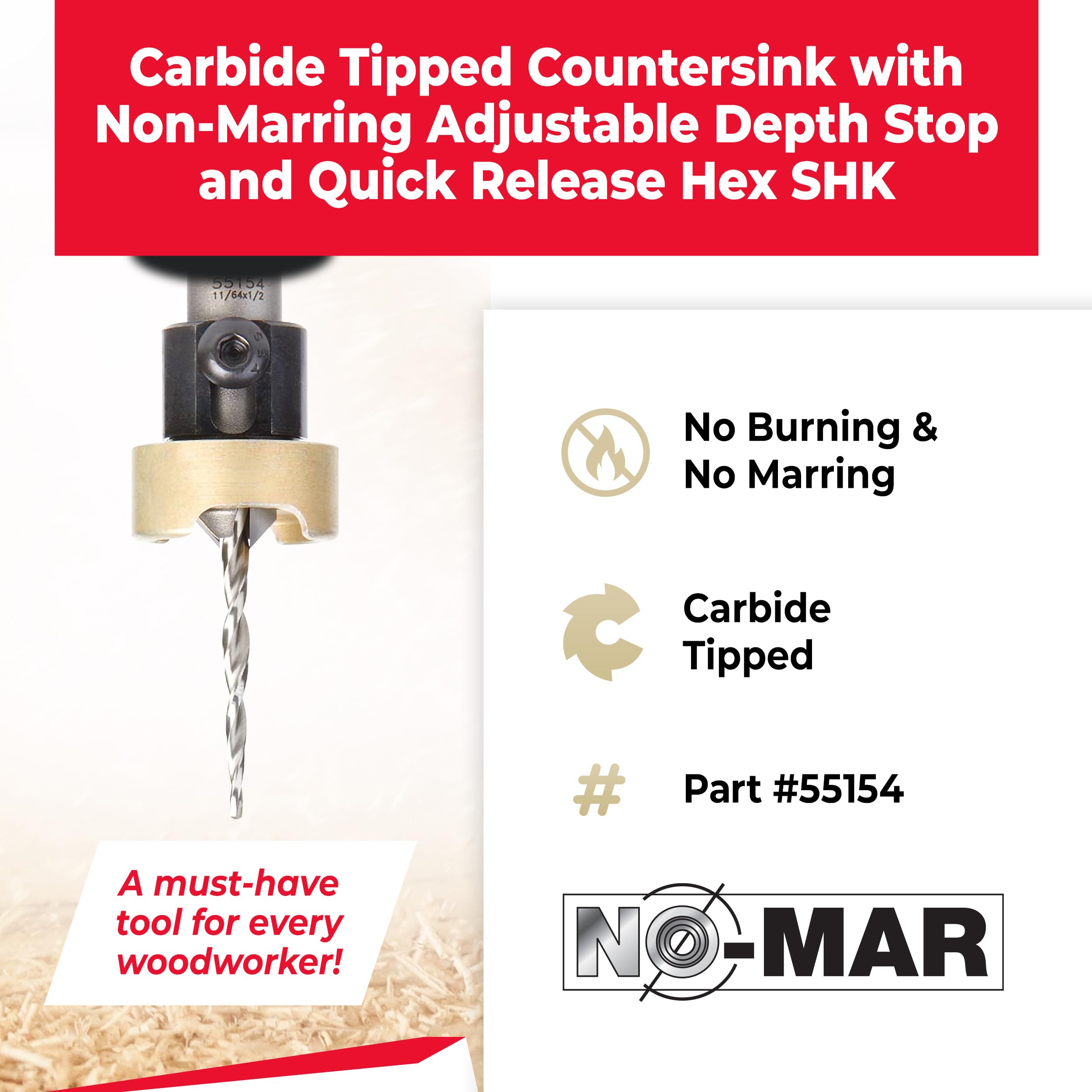 Amana Tool 55154 Carbide Tipped 82 Degree Countersink with Tapered Drill and Adjustable Depth Stop with No-Thrust BB, 1/2 D x 11/64 Drill D x 1/4 Inch Quick Release Hex SHK