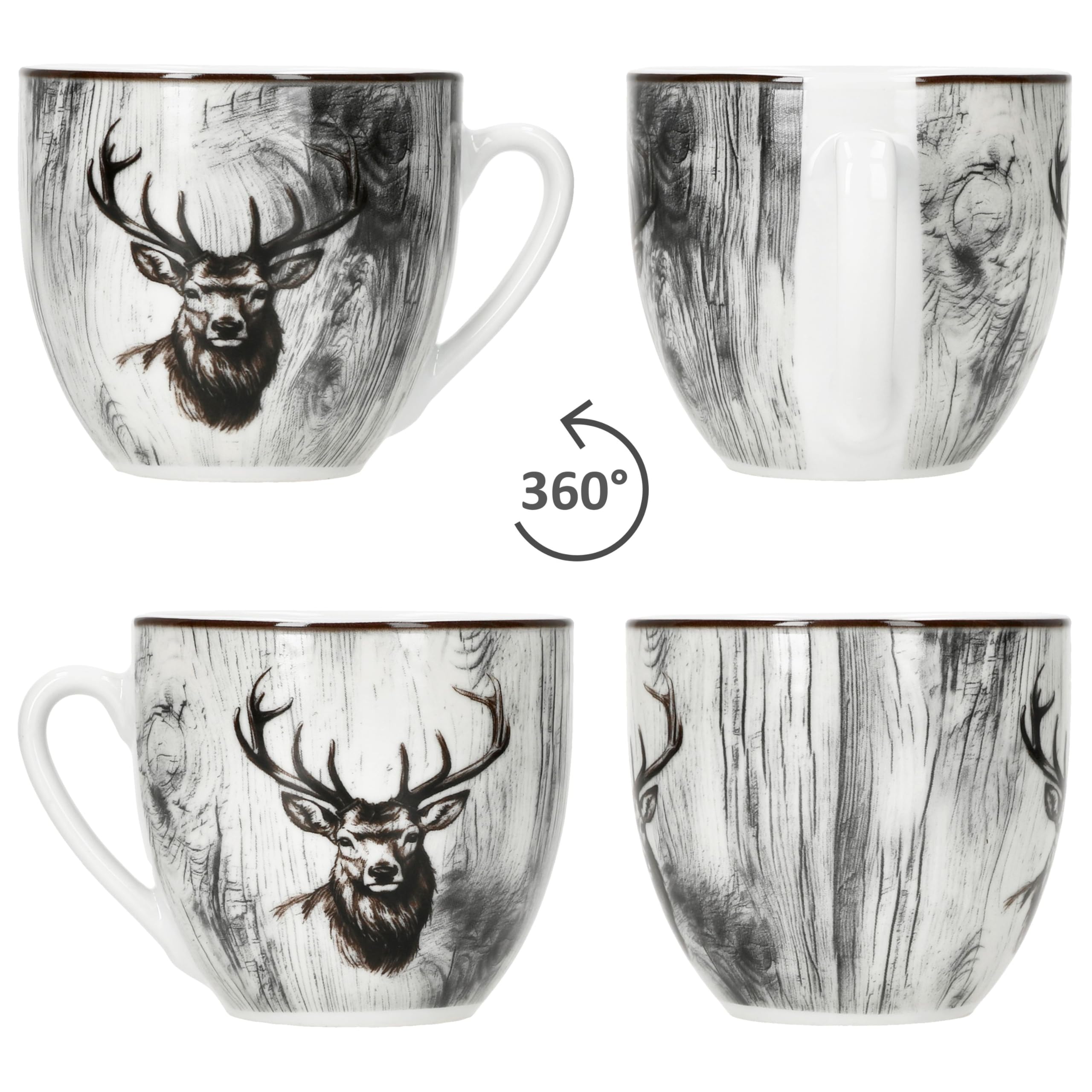 MamboCat Alois Lot de 6 tasses à café avec soucoupes pour 6 personnes I Service en porcelaine avec décor cerf pour le petit-déjeuner et le café I 6 tasses à thé de 200 ml et 6 soucoupes