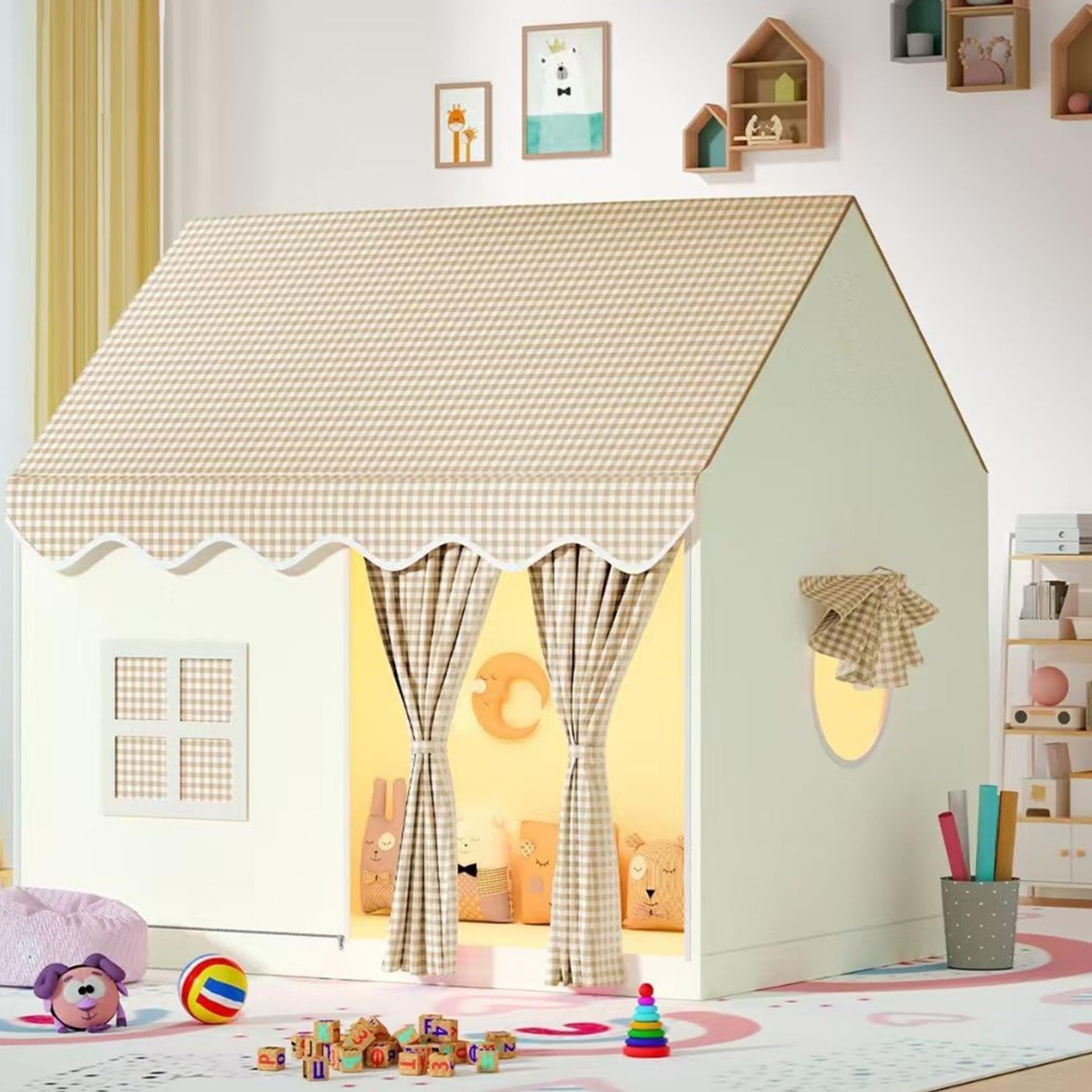 Tenda da Gioco per Bambini Pieghevole per Interni con Struttura in Metallo, Kaki