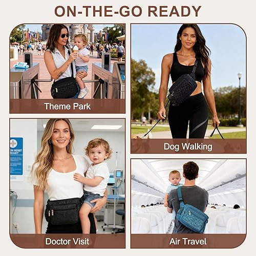 Miniatura 7 de Rexmore Riñonera para pañales con cambiador portátil, cintura cruzada ajustable para mujer, Negro, Bolsa de pañales pequeña de moda