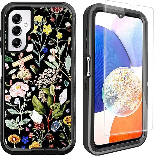 OTTARTAKS Funda compatible con Samsung Galaxy A14 5G con protector de pantalla resistente a prueba de golpes bonita funda protectora floral para