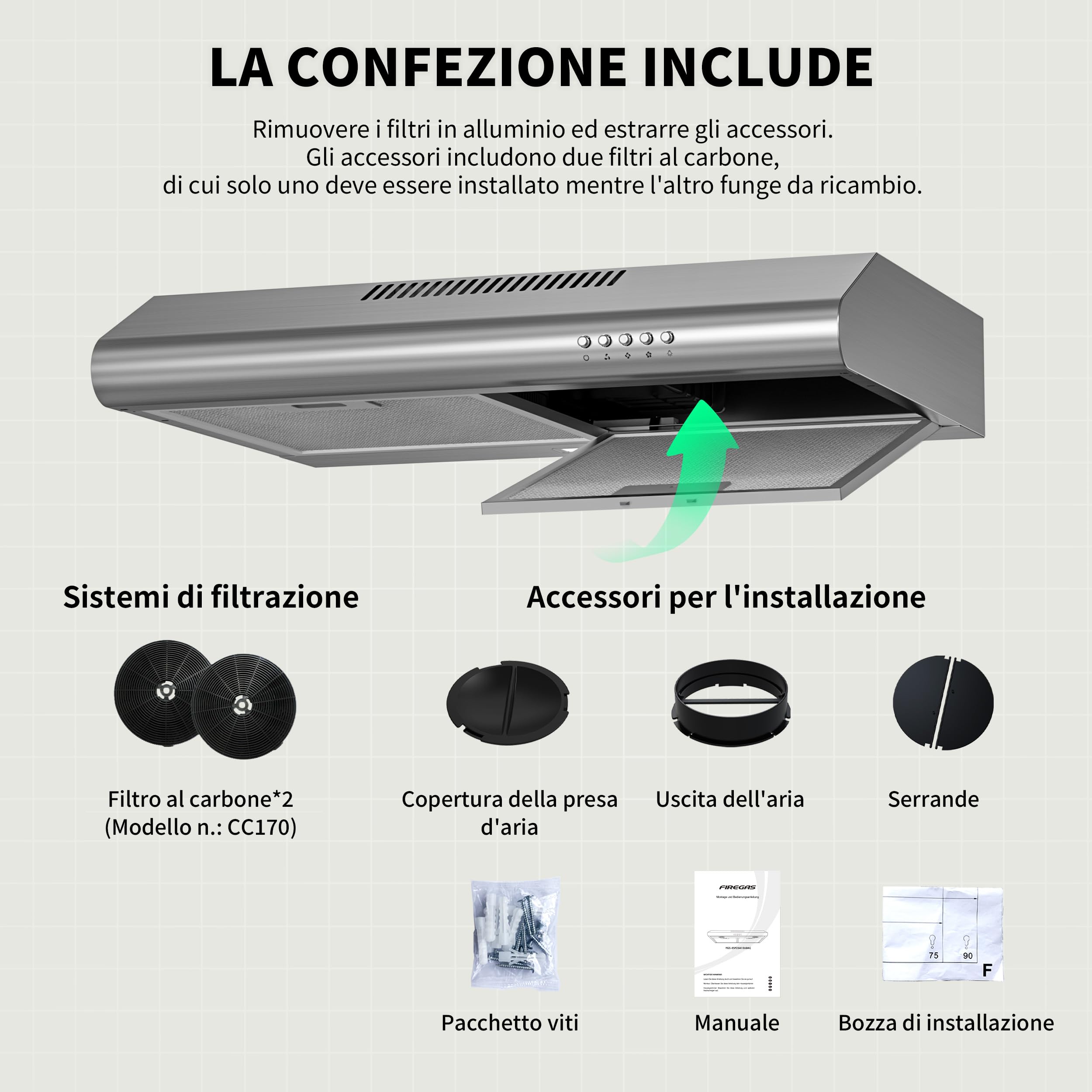FIREGAS Cappa aspirante 60 cm, ricircolo e scarico, 250 m³/h, 3 livelli di potenza, con filtro a carbone, efficienza energetica A +, silenziosa, illuminazione a LED, acciaio inox