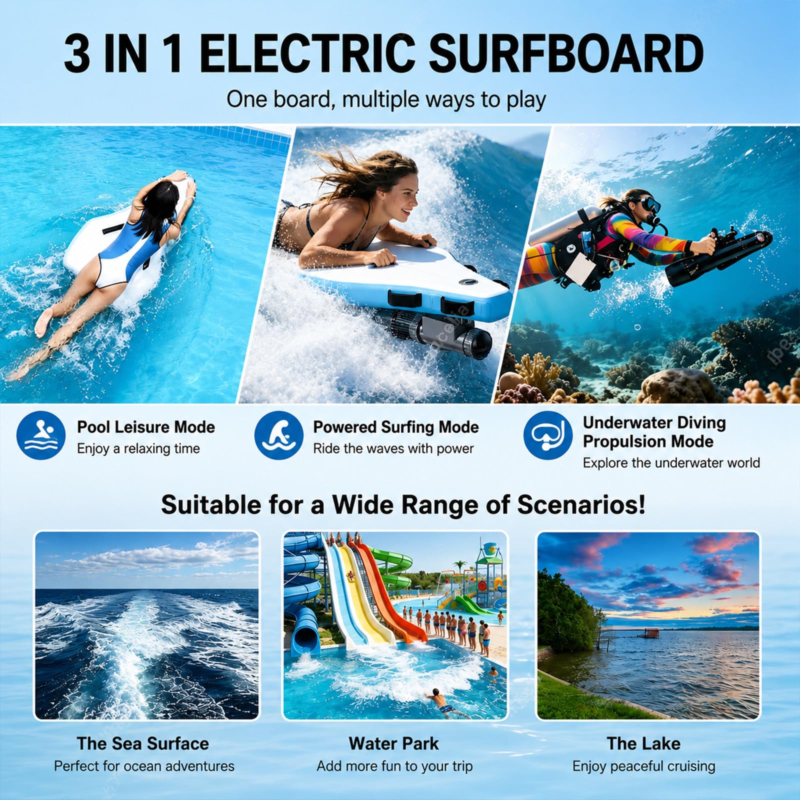 Tabla de Surf Eléctrica Y Scooter Subacuático 2 En 1, Tabla de Bodyboard Inflable para Adultos, Motor Sup 500w/700w, 3-7 Km/H, 40-130 Min, Modo Dual para Principiantes Y Profesionales 500W10A