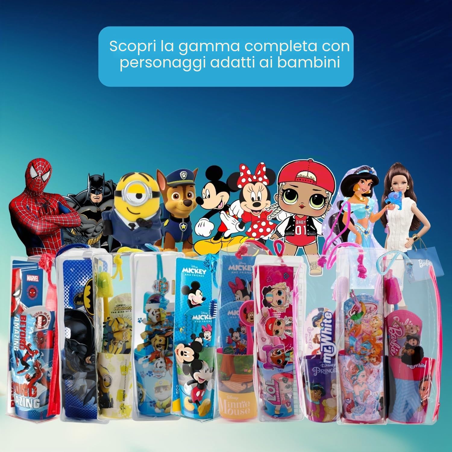 Mickey Mouse - Set di sacchetti per bambini, adatto ai viaggi, con spazzolino manuale con ventosa, tappo da viaggio, dentifricio al gusto di menta delicata per bambini da 75 ml e bicchiere Mr. White