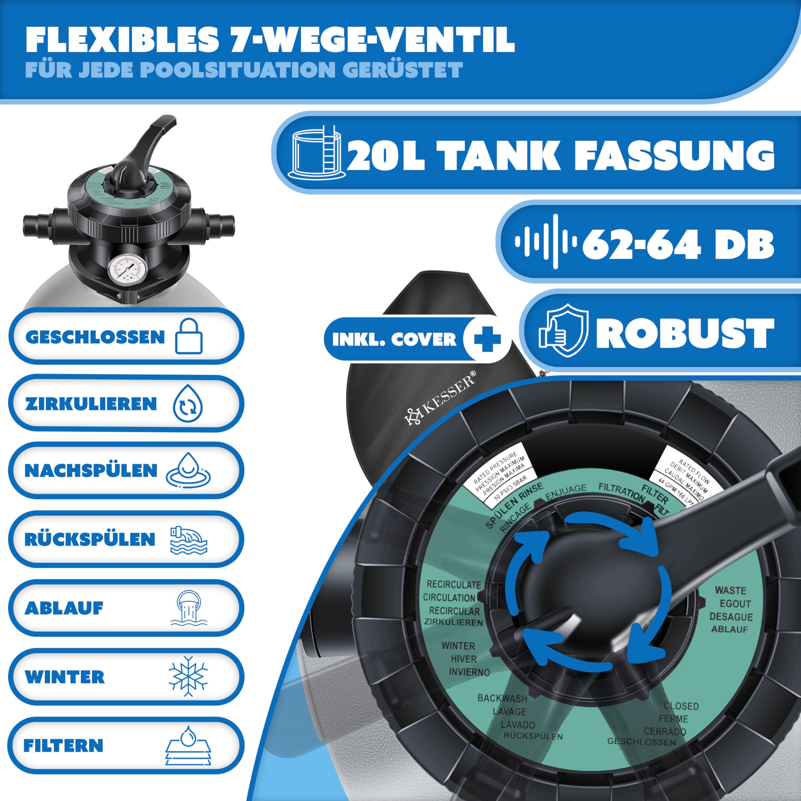 KESSER Sistema de filtro de arena + 700 g de bolas filtrantes reemplazan 25 kg Filtro de arena válvula de 7 vías con indicador de presión, filtro de piscina, 10 mġ/h tanque de filtro (gris)