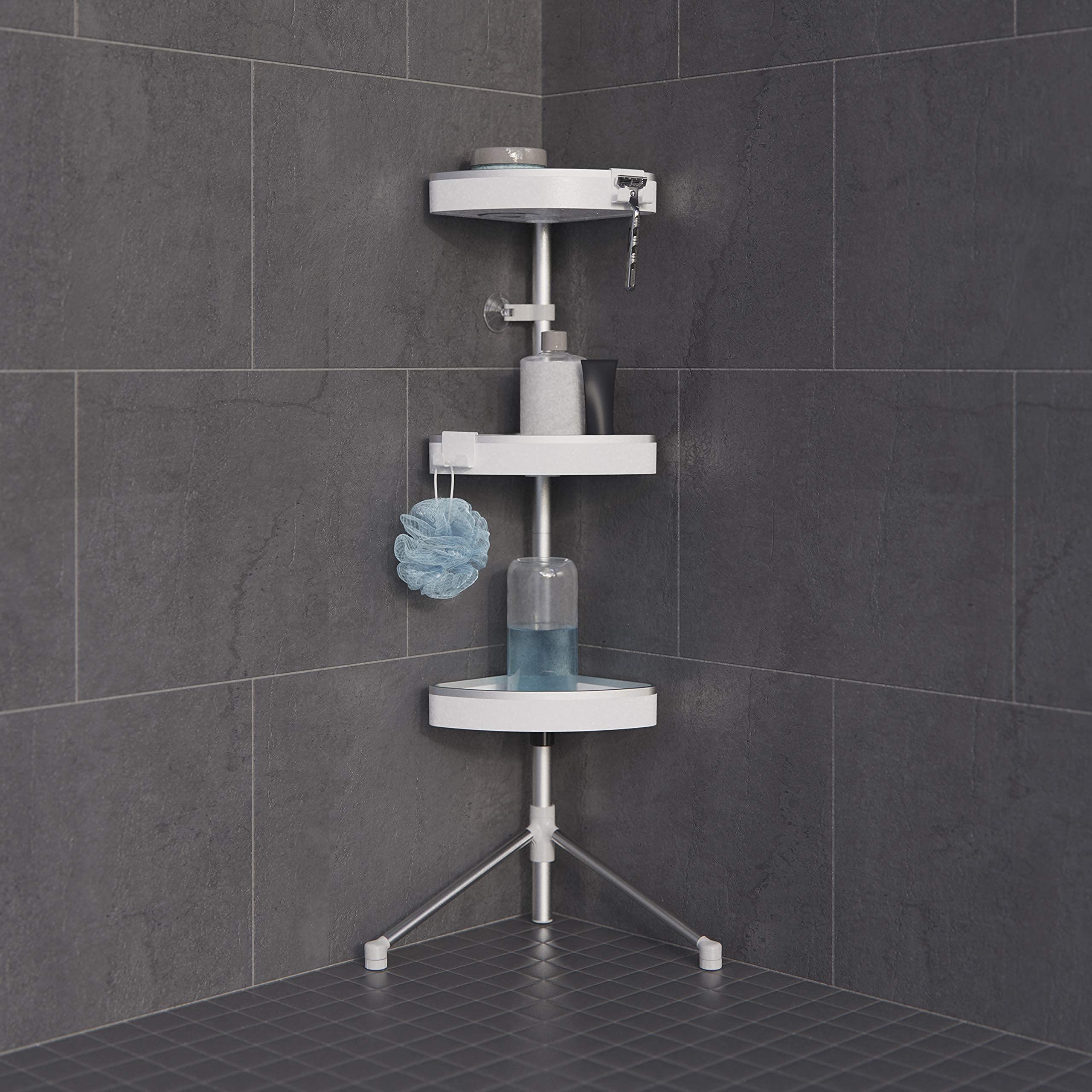 Better Living HiRise 3 - Organizador de ducha de pie, ajustable, 3 cestas grandes, organizador de ducha de baño de aluminio inoxidable con ganchos de almacenamiento, sin taladro, organizador de ducha