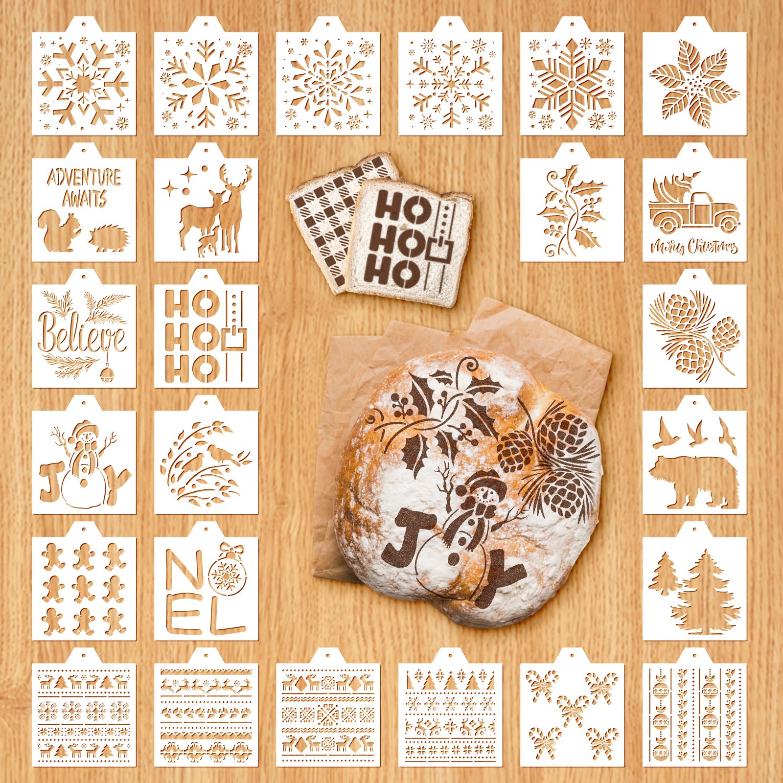 Whaline 25Pcs Christmas Bread Stencils Assorted Xmas Baking Airbrush Painting Stencils with Bead Chain Biscuit Cake Baking Templates for Winter Party DIY Craft, 6.7 x 5.9 Inch