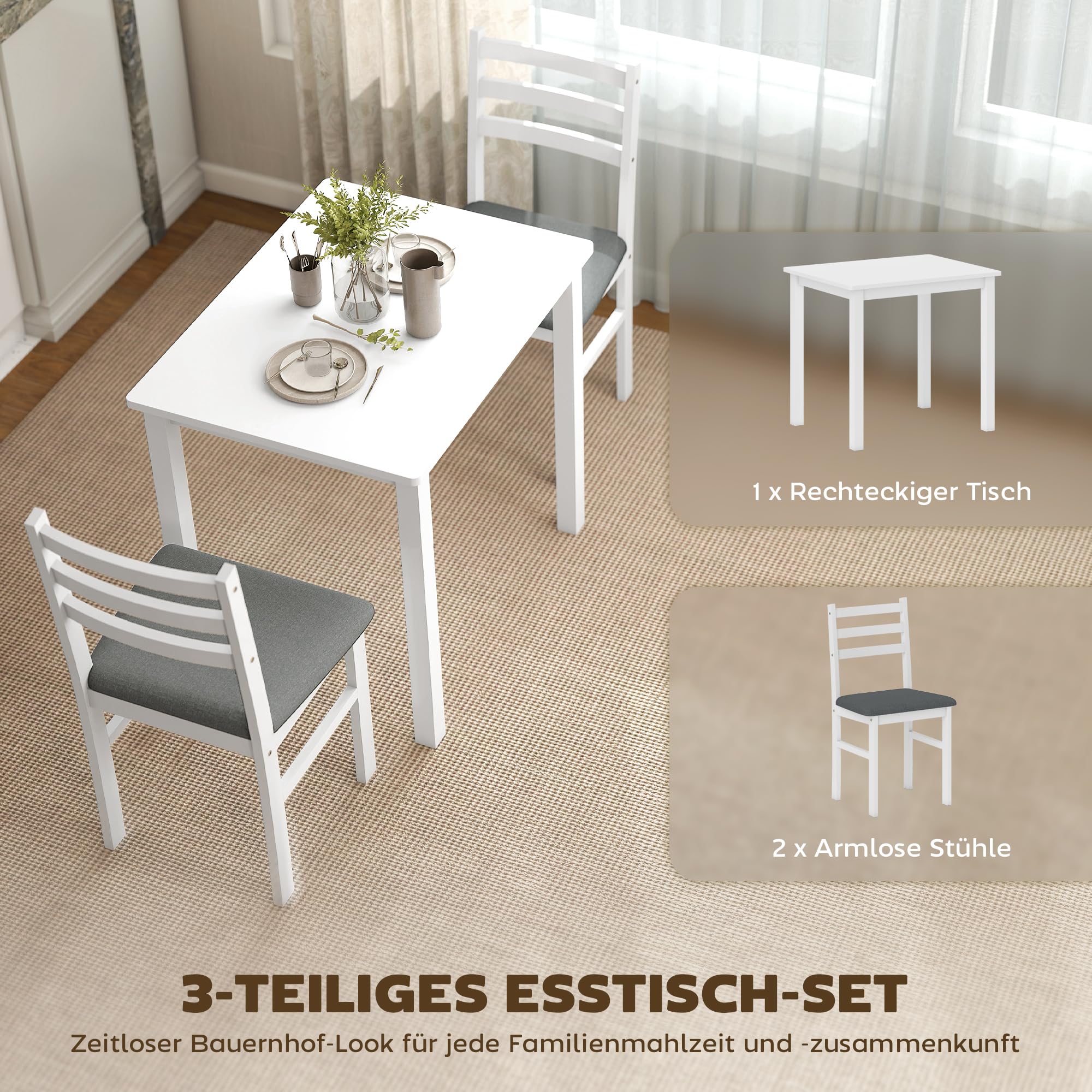 HOMCOM Essgruppe Holz 80 x 60 cm Esstisch mit 2 Stühlen Platzsparend Esszimmergruppe Sitzgruppe Rechteckig Küchentisch mit gepolsterten Essstühlen für kleine Raum, Esszimmer, Küche, Weiß