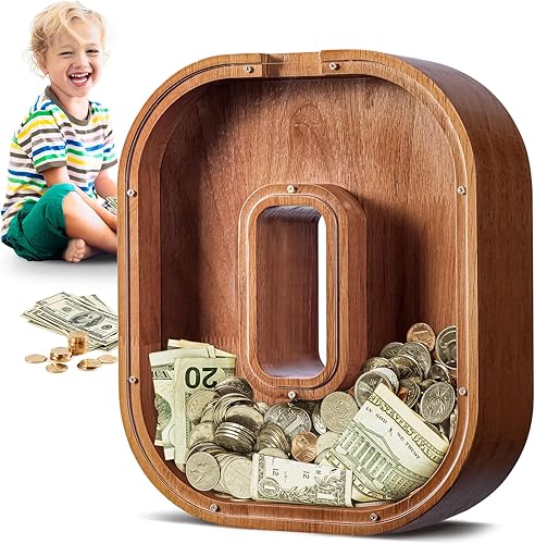 Miniatura 1 de Alcancía grande de madera para niños y adultos, alfabetos letras A-Z alcancía para niños y niñas, monedas, billetes de cambio, caja de banco con