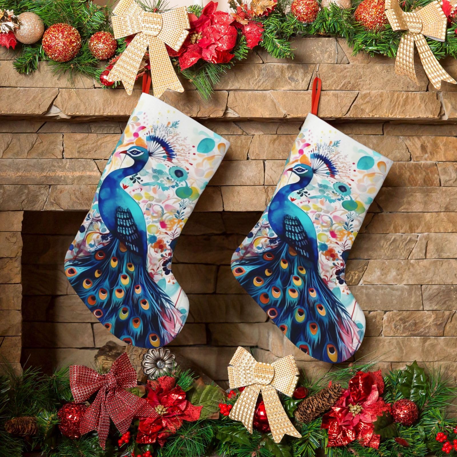Color Peacock Christmas Stockings 18 Inches Velvet Xmas Fireplace Hanging Stocking Rustic Christmas Santa Stockings for Home Christmas Decorations Party Favor Supplies