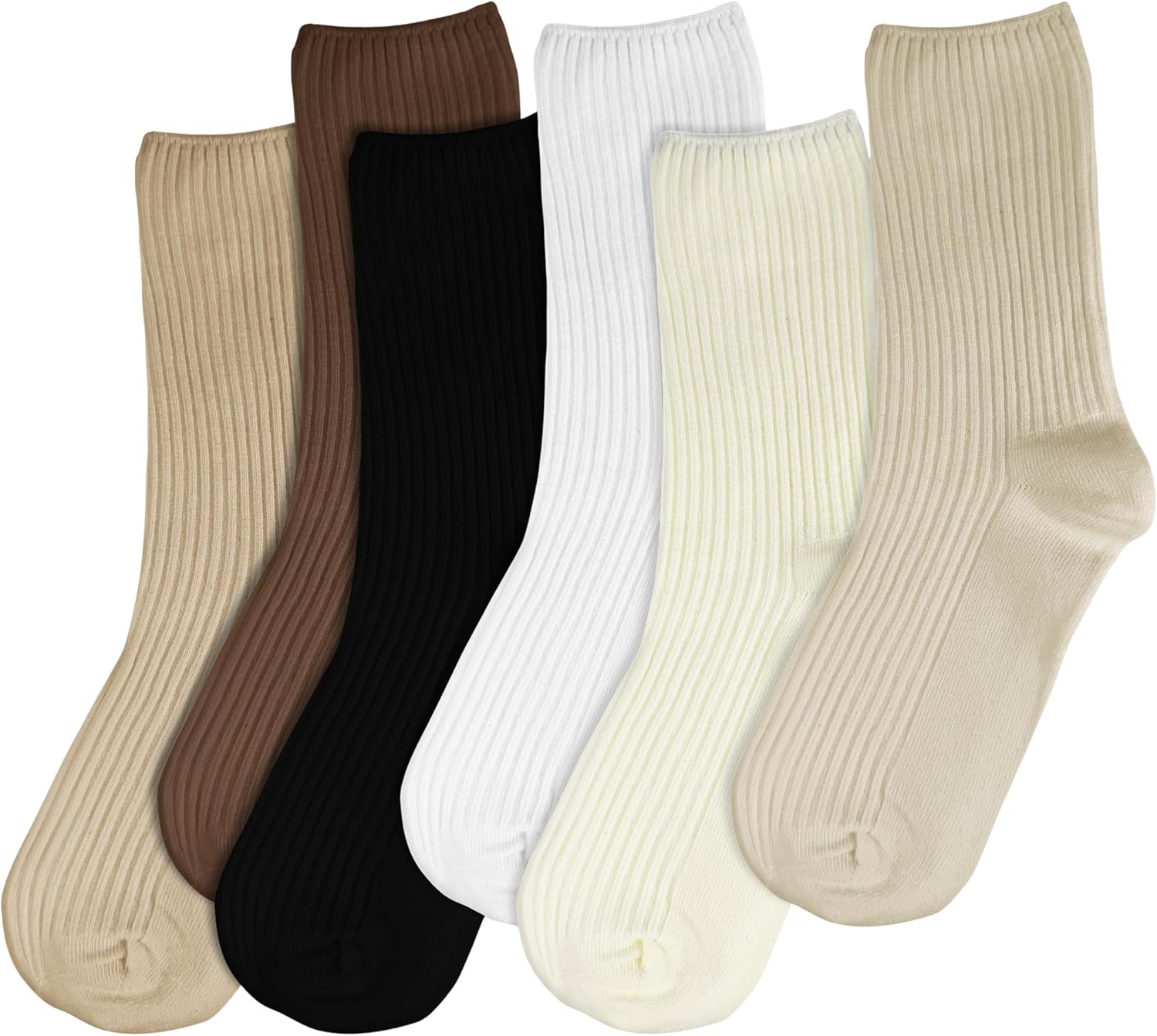 Winterlace 6 Pairs Womens Cute Crew Socks, Aesthetic Ribbed Athletic Casual Granola Girl Neutral Tone (Assorted Neutral Tones)