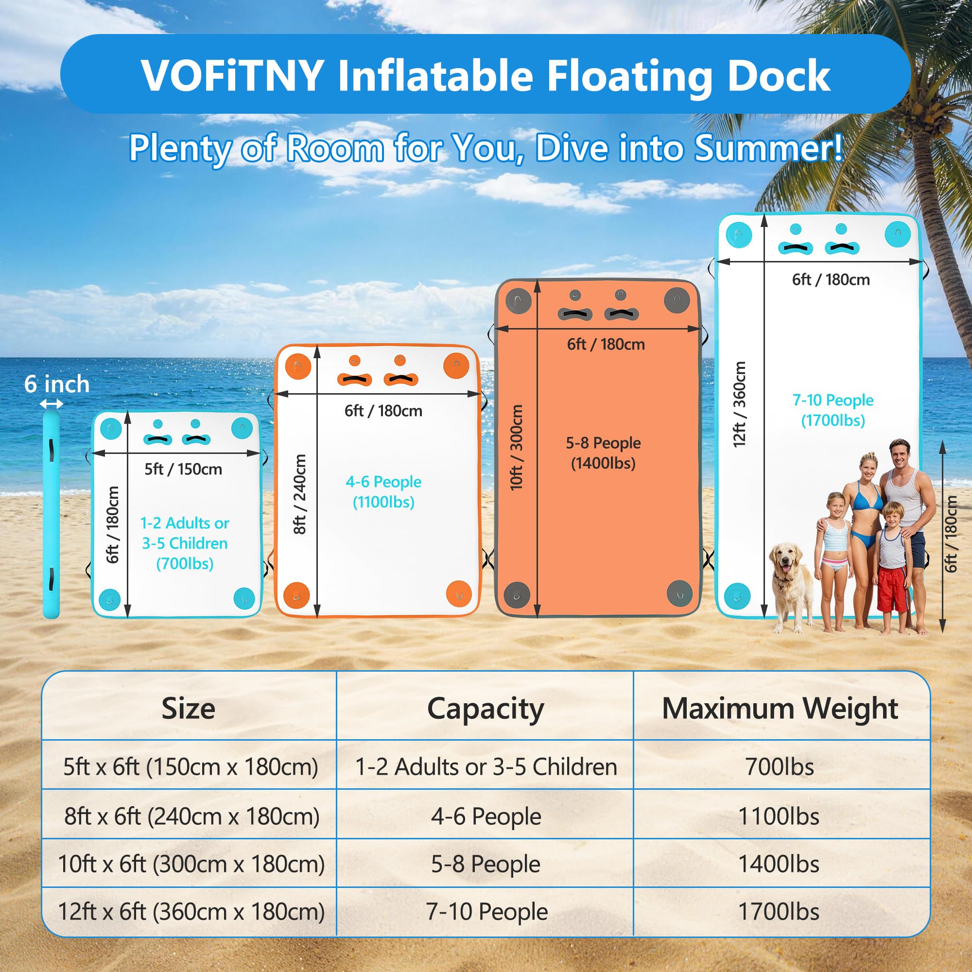 VOFiTNY Inflatable Floating Dock, Air Platform Multi-Person Swim Water Mat with Rope Ladder, None-Slip Surface for Pool Lake Beach