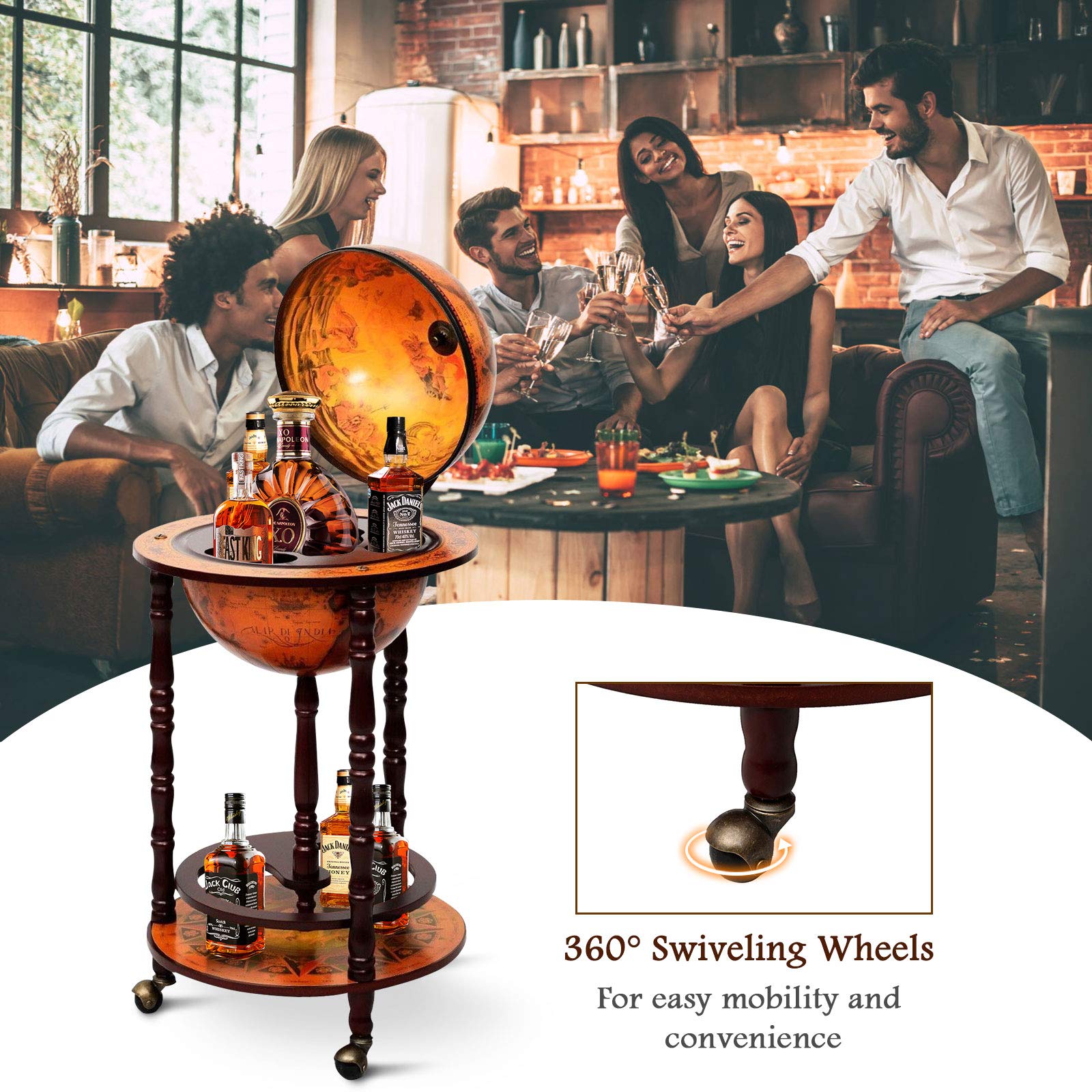 HPPYGRILL Globe Bar, 17.5” Wine Bar Stand Italian Wooden Globe Wine Cart Liquor Bottle Shelf, 16th Century Retro Wine Cupboard with Wheels for Dining Room Living Room, Retro Brown: A
