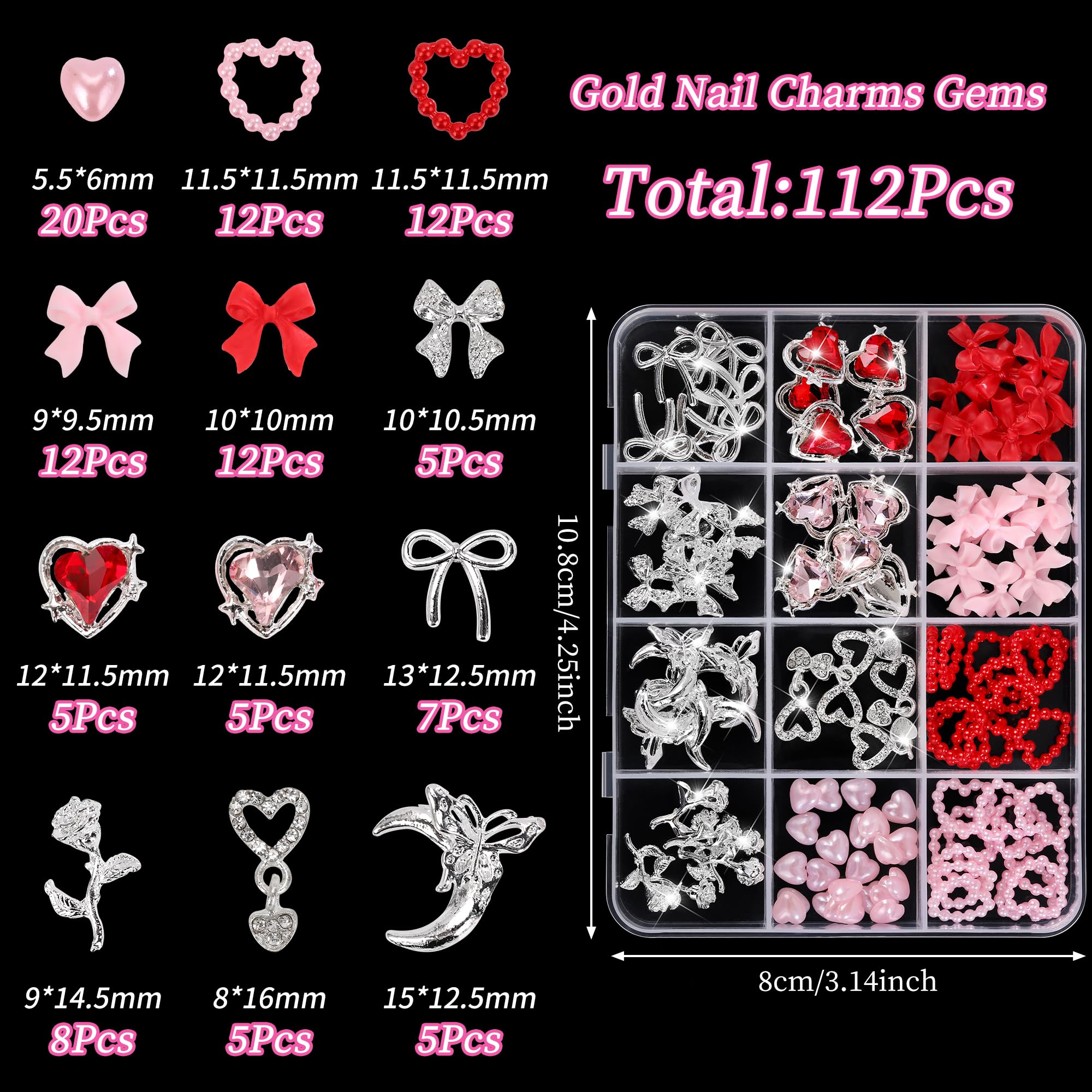 110 ciondoli e gemme rosa 3D per unghie, fiocchi e cuori rossi + fiori 3D argento per unghie con strass, perle, diamanti per decorazione unghie Y2K B