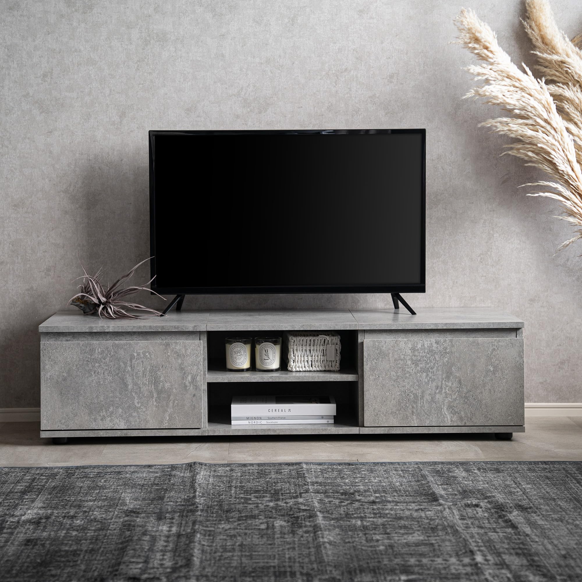 Amazon｜テレビ台 ローボード モルタル調 収納付き 巾木よけ コード穴