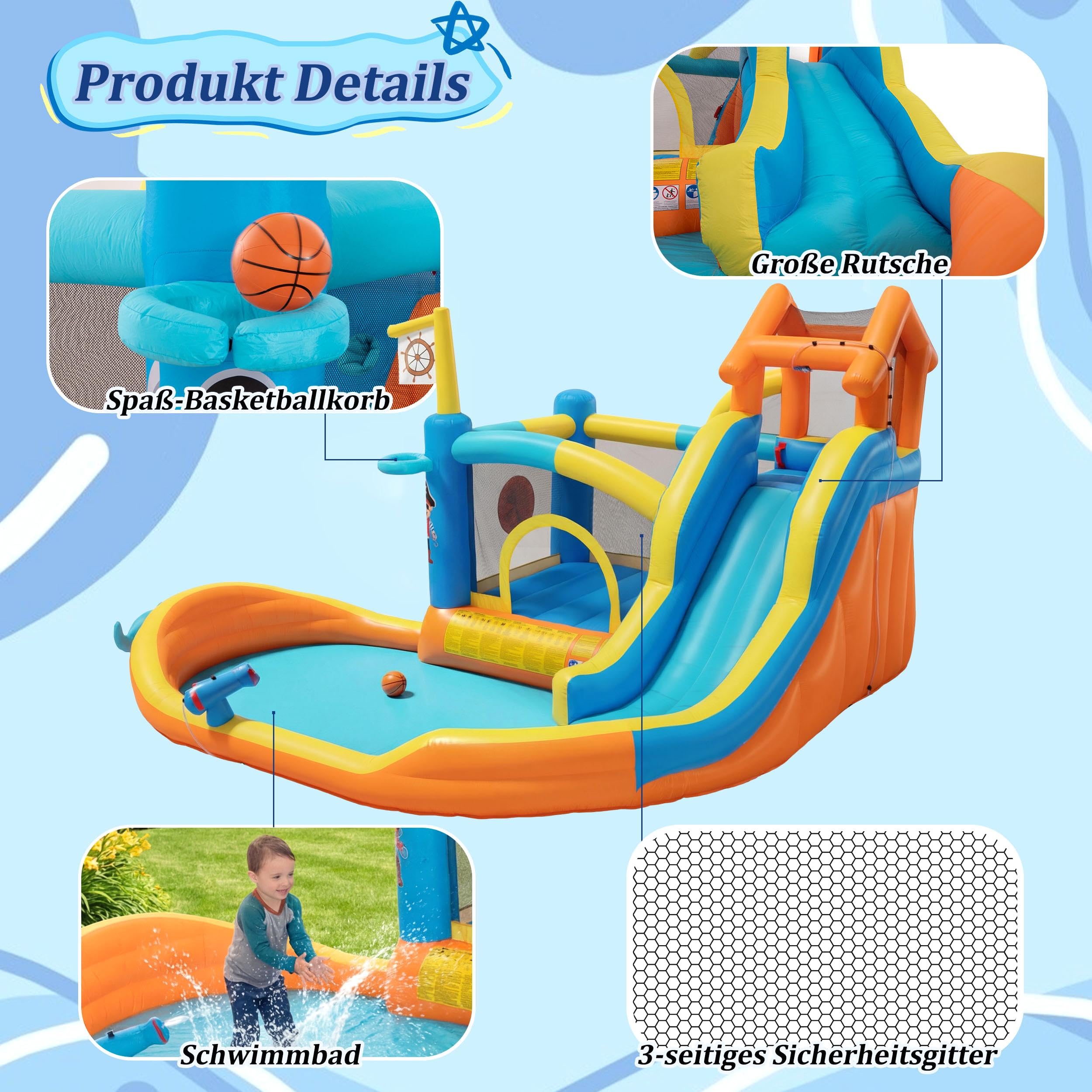 UEV Aufblasbare Hüpfburg XXL Indoor & Outdoor mit Gebläse 450W, extra breiter Wasserrutsche, für Kleinkinder (3-10 Jahre), EN71-1/2/3, Kindergeburtstag (414 x 364x 244 cm)