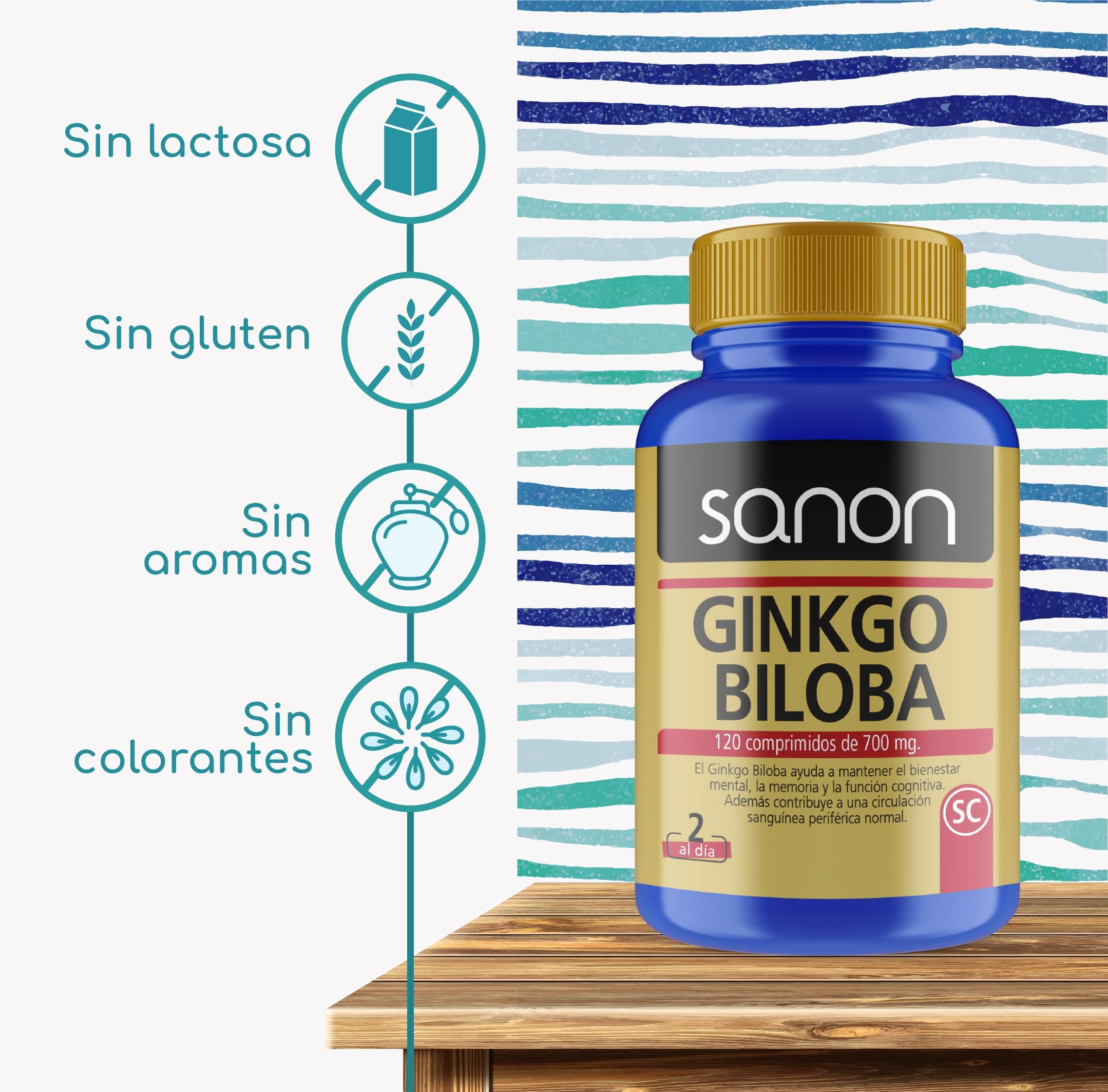 SANON Ginkgo Biloba - 120 Comprimidos de 700mg - Complejo Vitaminico Antioxidante - Ayuda a la Memoria, Circulación Sanguínea, Concentración y Cansancio Mental, Protector Capilar