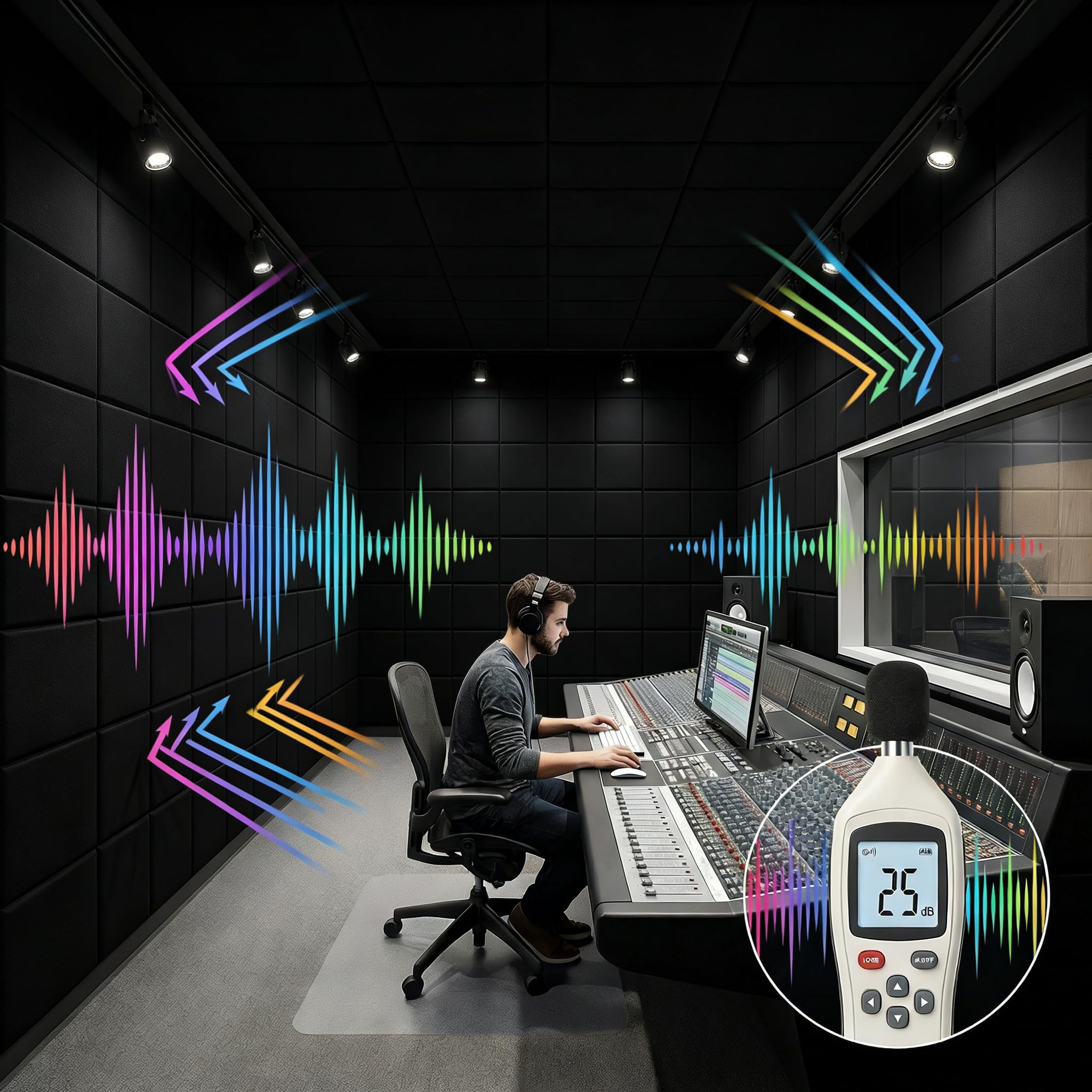 Discos de aislamiento acústico autoadhesivos, 12 unidades, 30 x 30 x 0,9 cm, para estudio de grabación, cine en casa, salón (Negro)