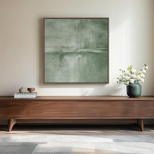Framed Sage Green Abstract Wall Art, Modern Canvas Prints Artwork for Walls, Square Minimalist All Green Abstract Pictures for Living Room, Hallway, Fireplace, Bedroom, Home Office Wall Decor 30x30 In