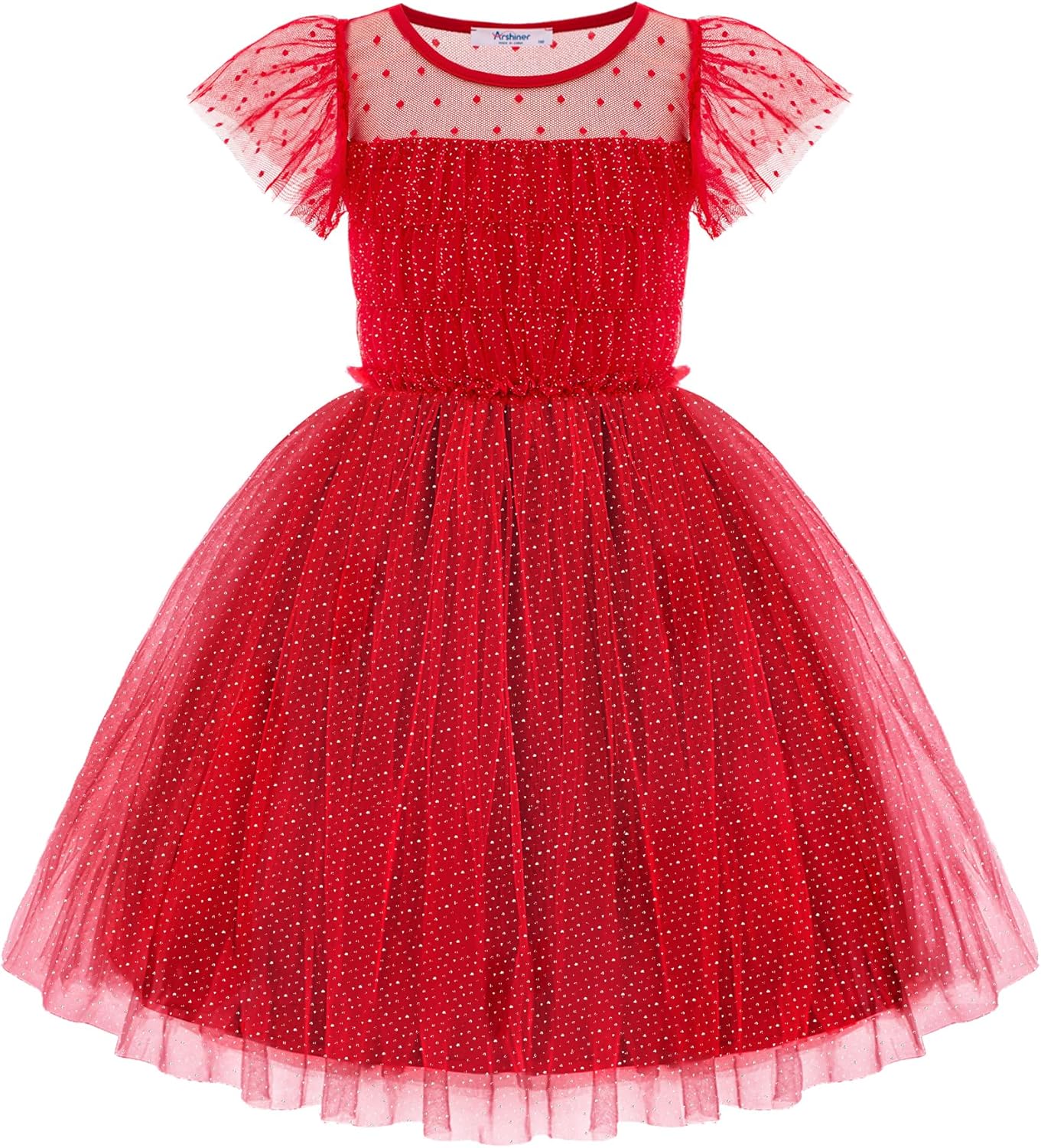 Arshiner Little Girl Dresses Contrast Mesh Ruffle Sleeve Birthday Holiday Princess Toddler Tulle Dress for 2-7 Years Old