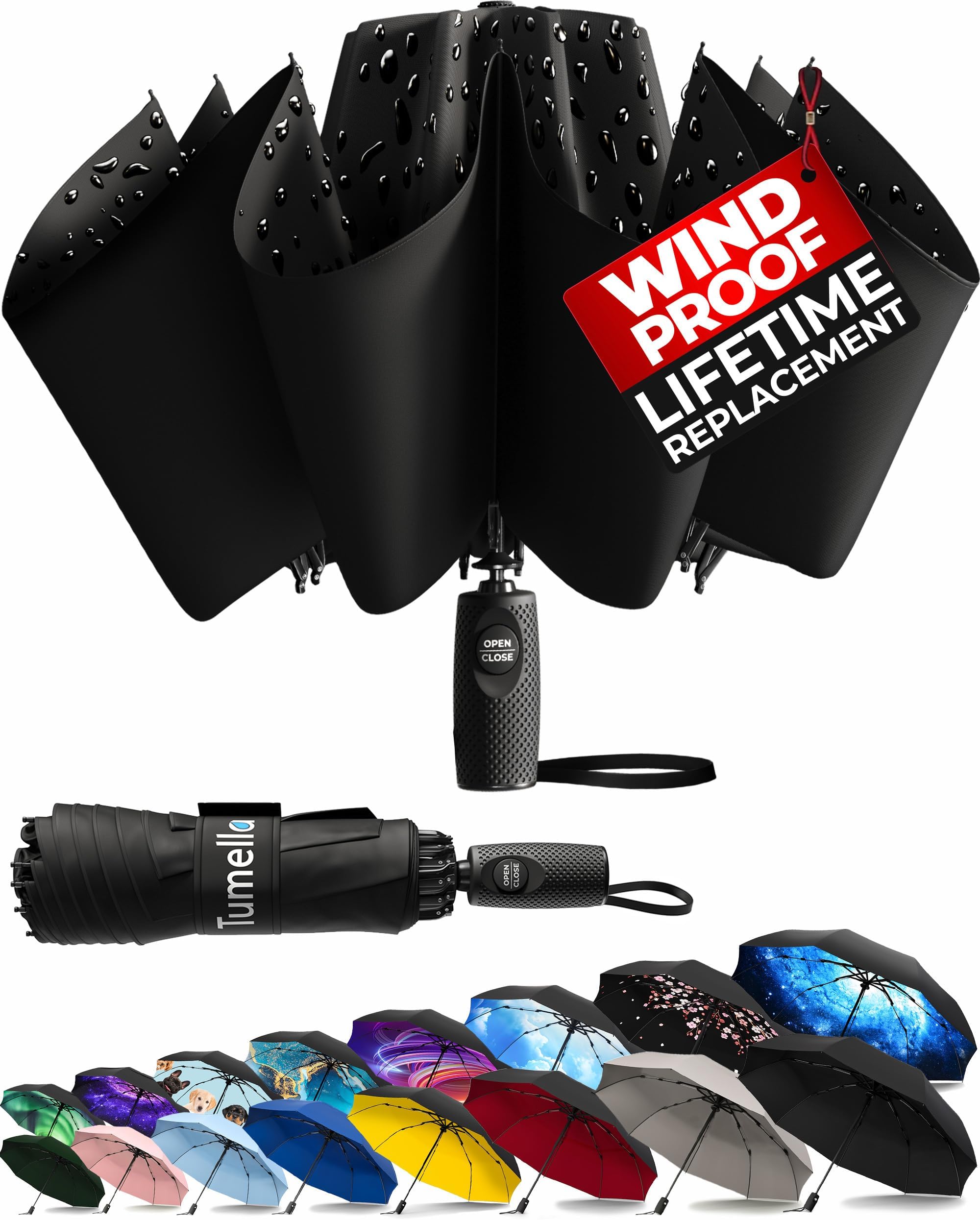 TUMELLA Reverse Folding Windproof Umbrella, Large 46", Strong & Light