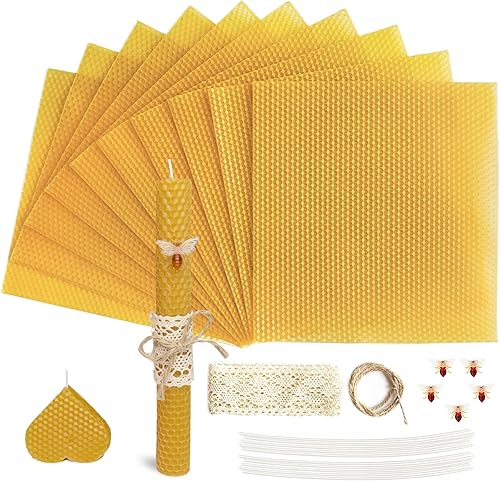Miniatura 1 de Lacaser Kit de fabricación de velas de cera de abeja, 10 piezas de 8 x 8 pulgadas, 100% hojas de cera de abeja para hacer velas, incluye adornos de