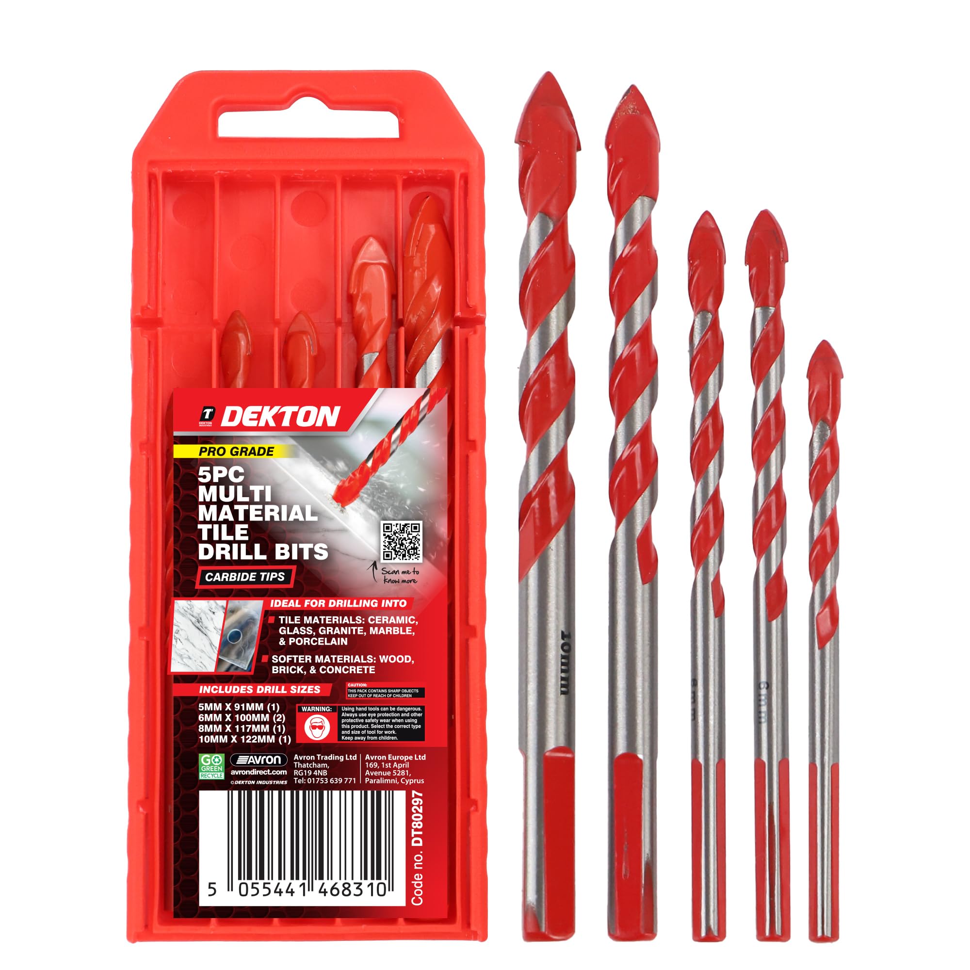Dekton 5-Piece Multi-Material Tile Drill Bit Set for Ceramic, Porcelain, Glass, Marble, Granite, Wood, Brick & Concrete –5mm, 6mm, 8mm, 10mm Drill Bits