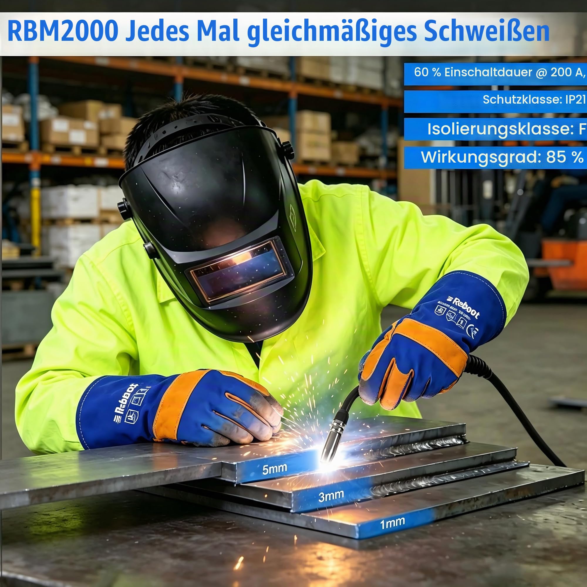 Reboot Schweißgerät 200A 5-in-1 Synergic MIG/MAG Aluminium-Upgrade (Spool-Gun) – Gas/Gaslos, TIG, Stick, Punkt – 240V tragbar mit LED Display für Heimwerker & Baustelle RBM2000G