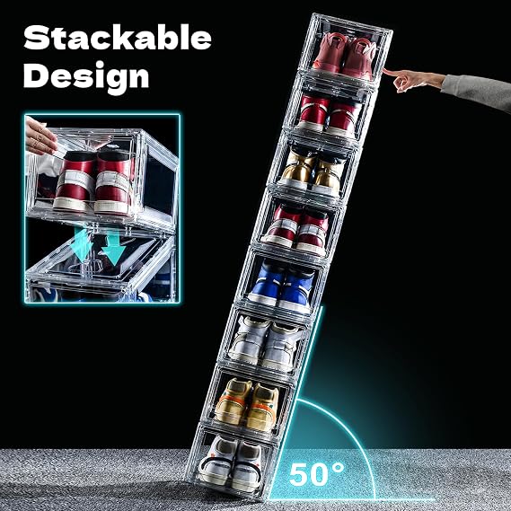 12 Pack Acrylic Shoe Boxes, Ultra Clear Shoe Boxes Stackable, Shoe Storage Box Sneaker Storage for Sneakerhead, Foldable Shoe Organizer with Magnetic Door, Professional Shoe Display Fits US Size 15