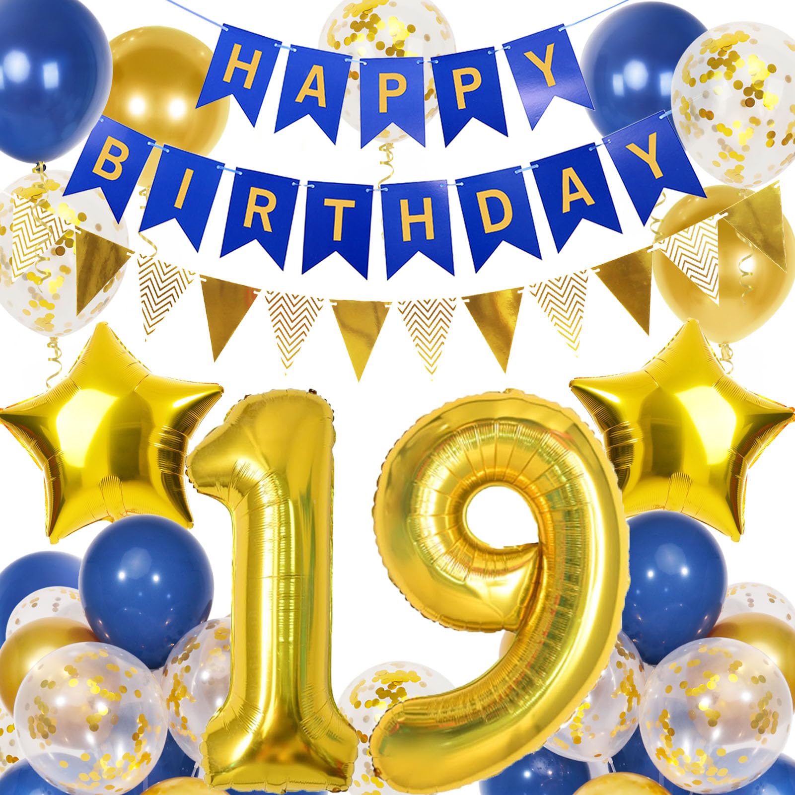 19th Birthday Decorations Boys, Navy Blue Gold Balloons and Happy Birthday Banner, 40 Inch Number 19 Foil Birthday Balloons with Birthday Bunting, for