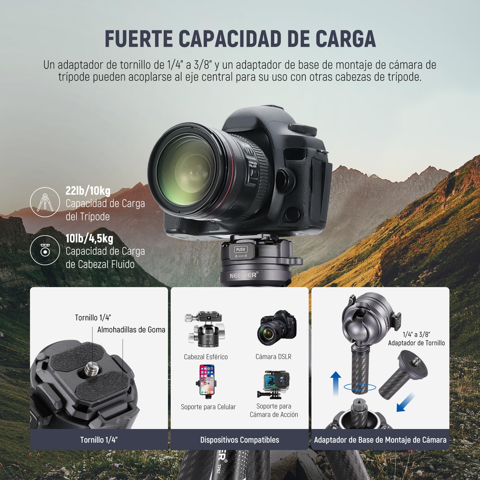 NEEWER LITETRIP LT32 - Trípode de viaje de fibra de carbono de 62 pulgadas con nivelación de ± 15°, cabeza panorámica de 360°, eje central desmontable, hebilla de giro rápido, placa Arca QR compatible