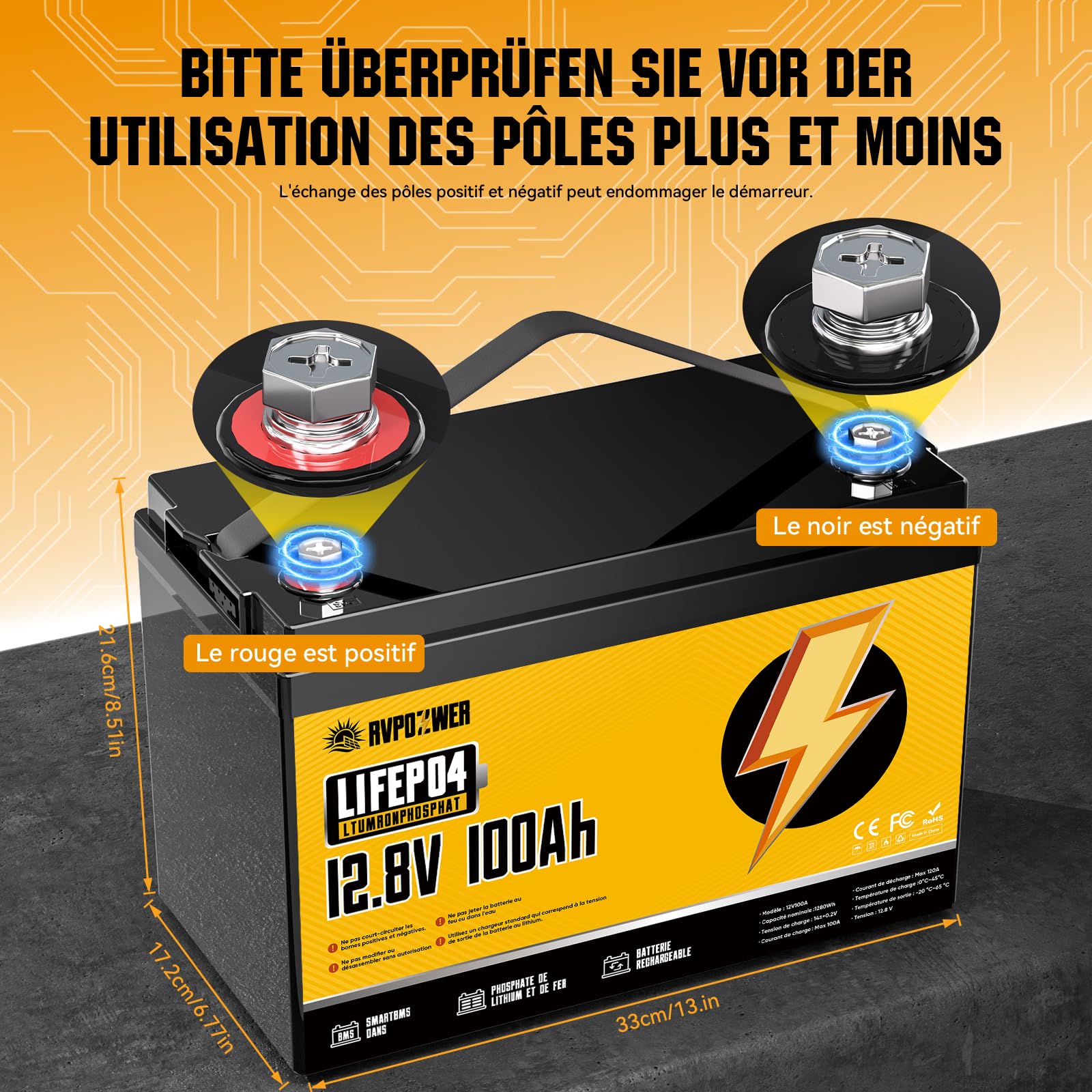 12V 100ah Batterie Lifepo4, BMS 100A Intégré, Batterie Lithium 1280Wh, 18 000 Cycles Profonds, Protection Contre les Basses Températures, Pour éNergie Domestique, Camping-Car, Hors RéSeau