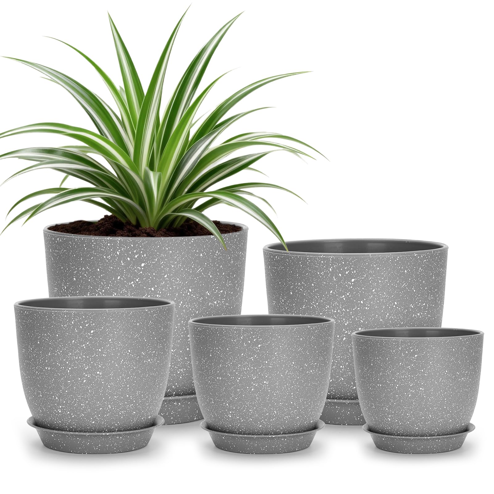 KINGLAKE 5 Pack Plant Pots Indoor, 17.8/16/14/12.5/11.5cm Multi Size Modern Matte Plastic Flower Pots Set with Saucers and Drainage Holes for House Plants, Succulents, Herbs (Grey with Speckles)