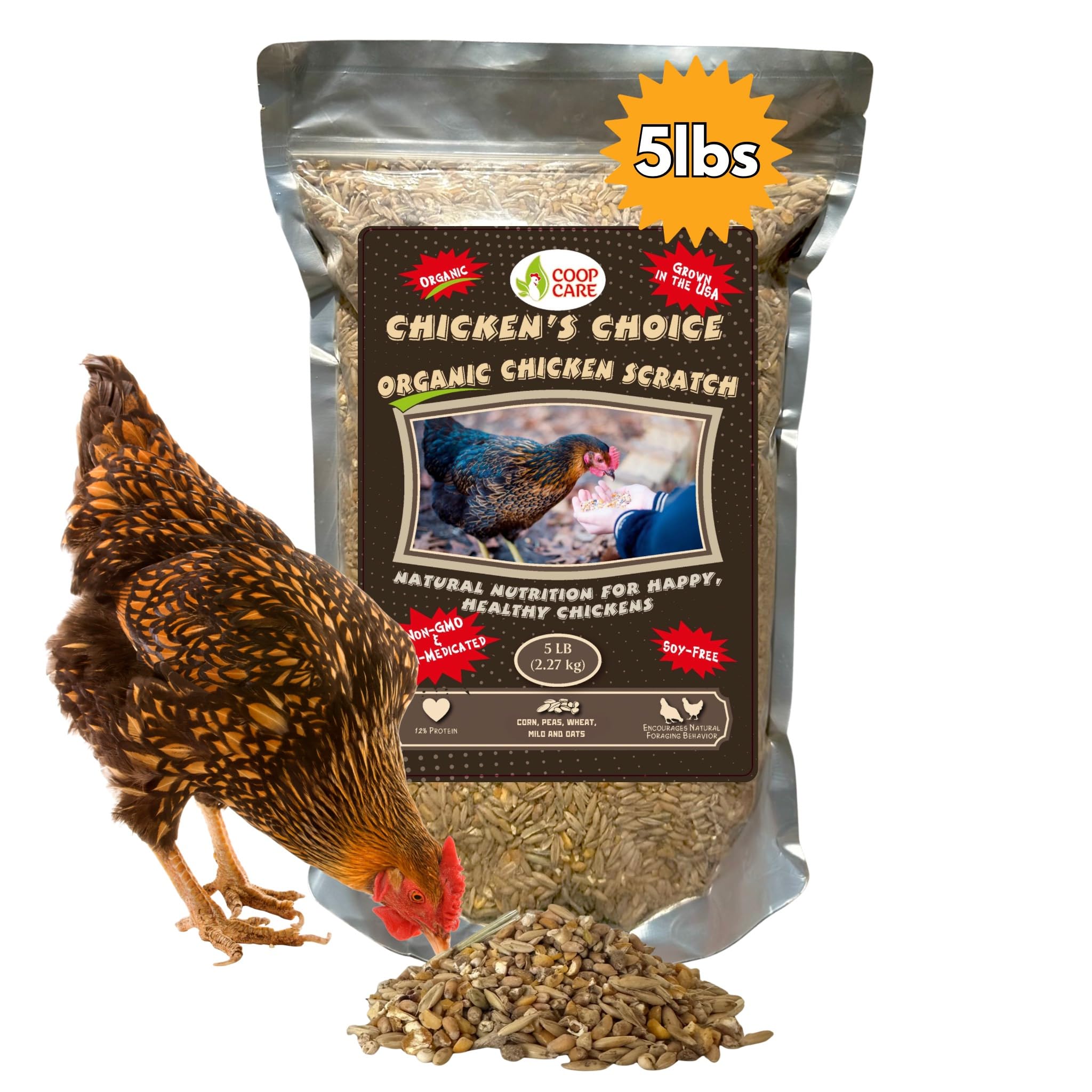 Chicken’s Choice Organic Chicken Scratch 5 lb Bag. Organic 5 Grain High Protein Premium Scratch Grain Treats & Food For Poultry, Duck & other Birds -