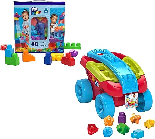 Miniatura 8 de Mega BLOKS First Builders - Bolsa de construcción grande azul + juego de construcción y carrera de equipo de construcción, 95 piezas, juguetes de