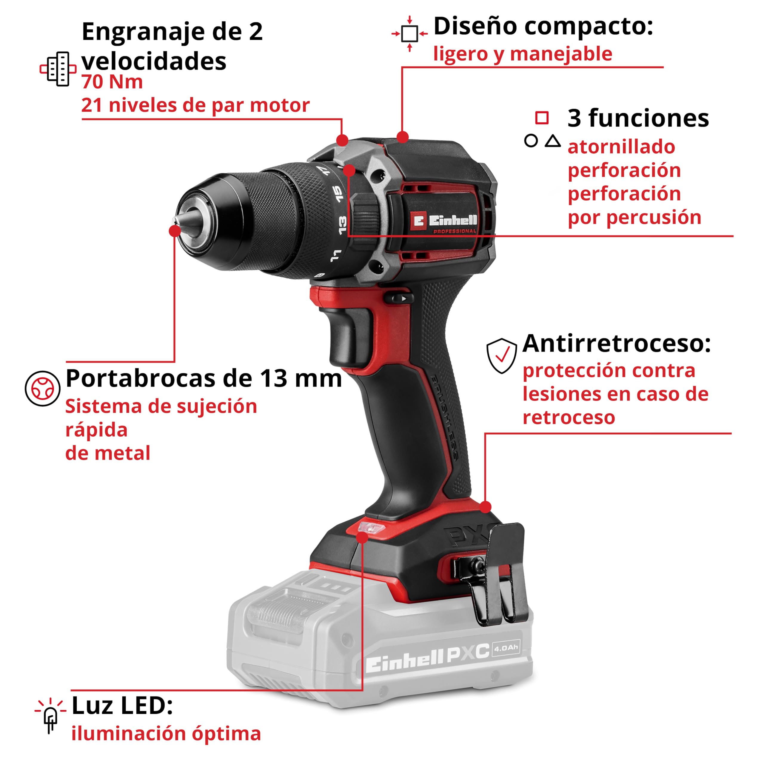 Einhell Professional taladro percutor con batería TP-CD 18/70 Li-i BL-Solo Power X-Change (18 V, sin escobillas, 70 Nm, antirretroceso, portabrocas de 13 mm, 2 velocidades, sin batería)