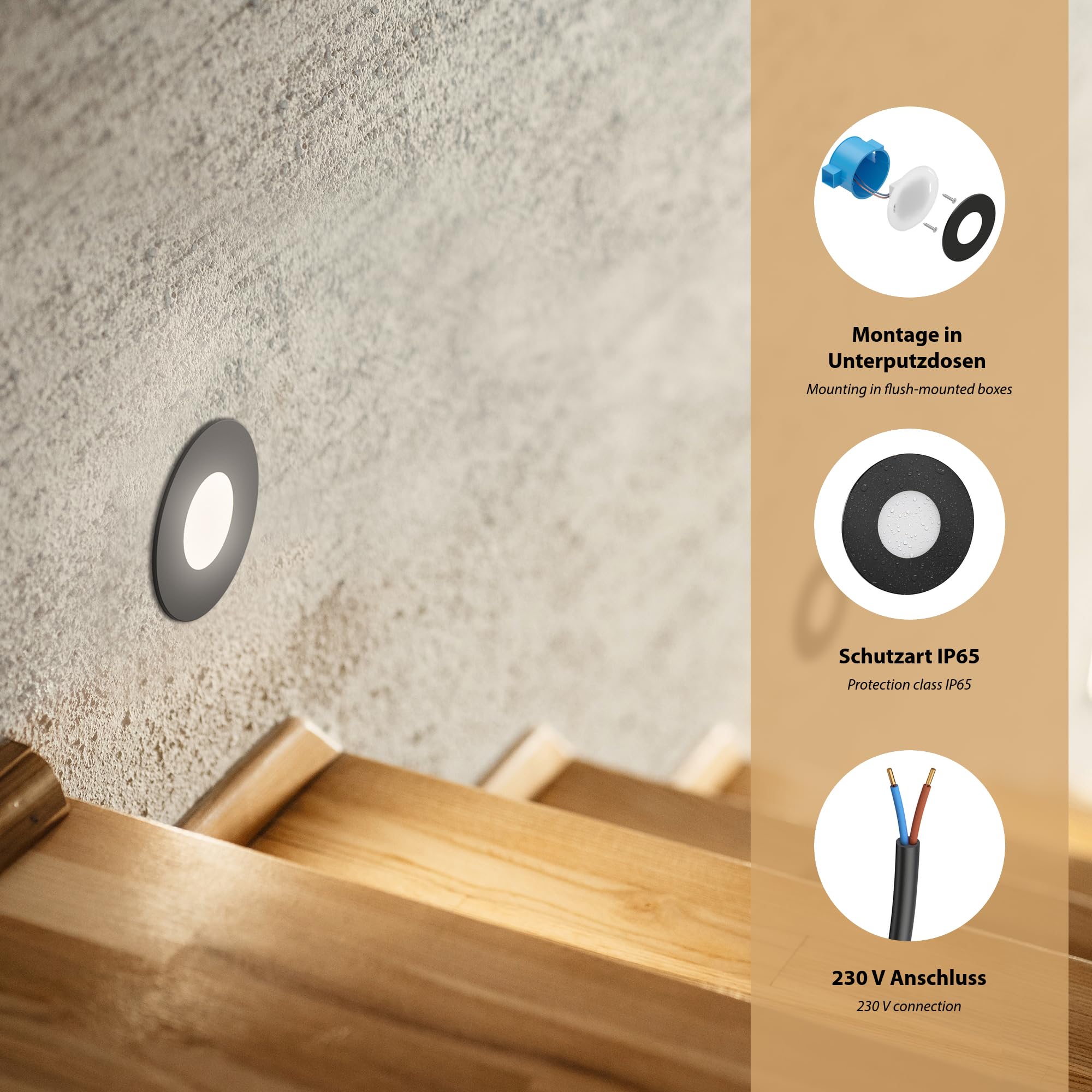 ledscom.de 10 LED luz de escalera/plafón empotrado FEX para interiores y exteriores, redondo, negro, 85mm Ø, blanco cálido