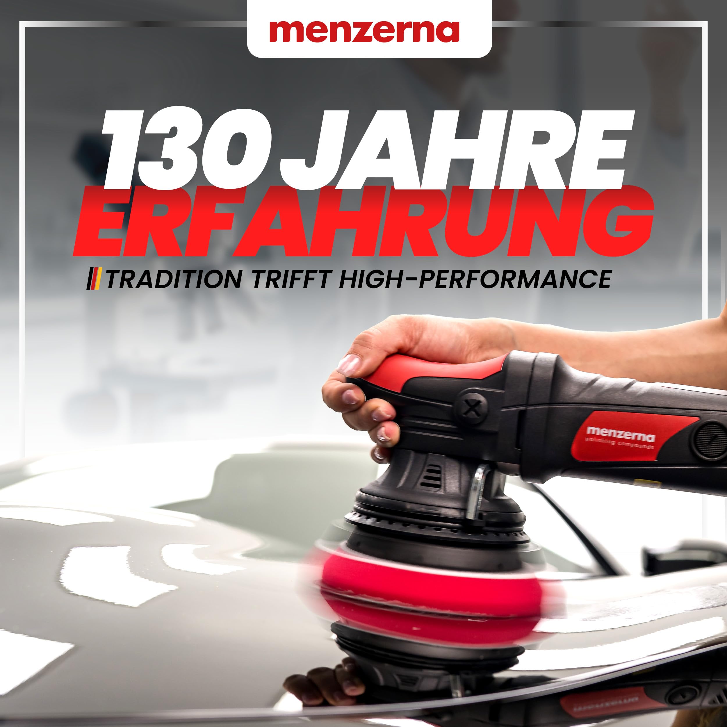 Set de pulido Menzerna para auto | Pulidora excéntrica MZ-XR con plato de apoyo de 125mm + 3 x 100ml de pulidor + paños de pulido + sellado en aerosol | Carrera de 15mm 720W