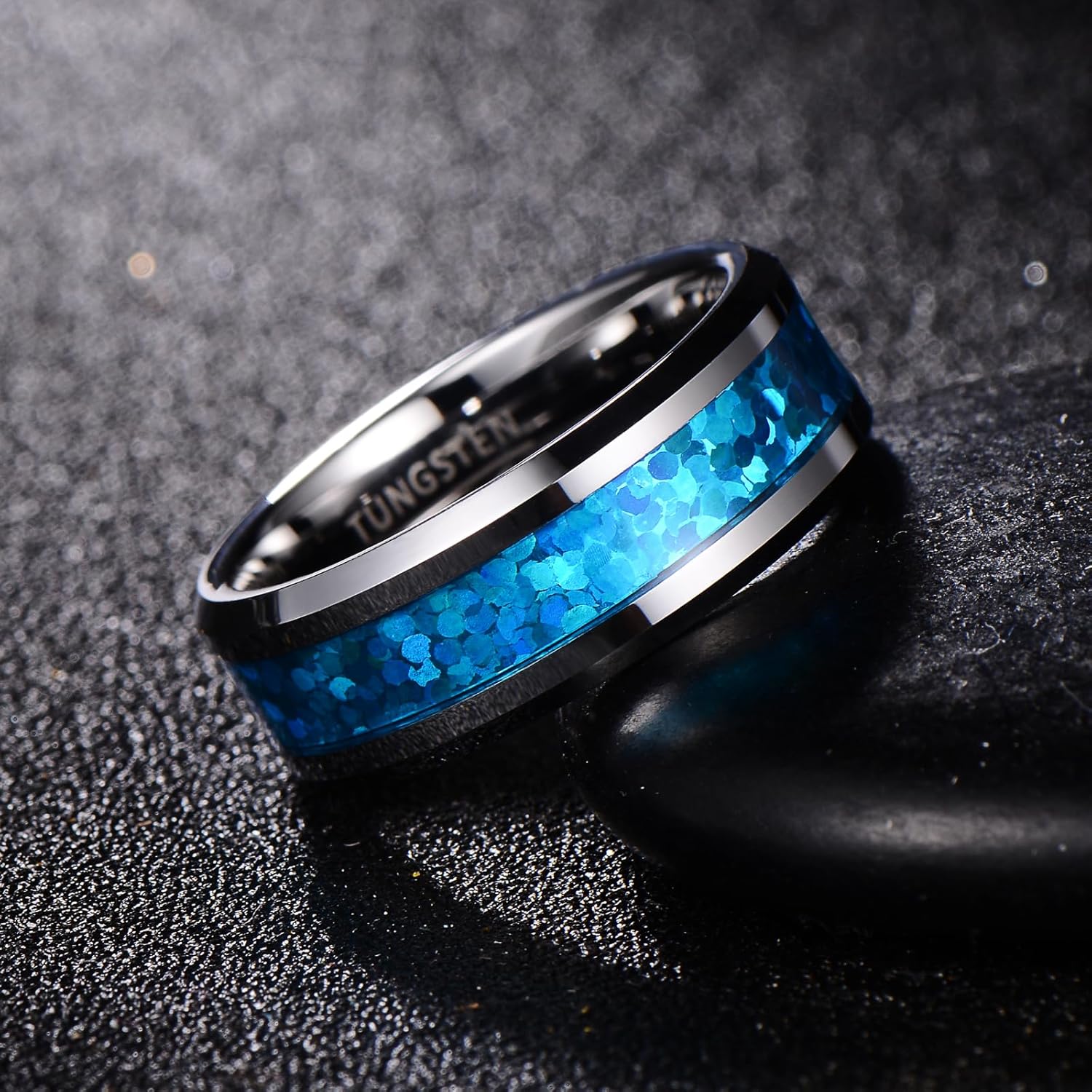 Tungsten Wedding Band with Colorful Inlay, 8mm Wide Beveled & Polished Edges - Image 4