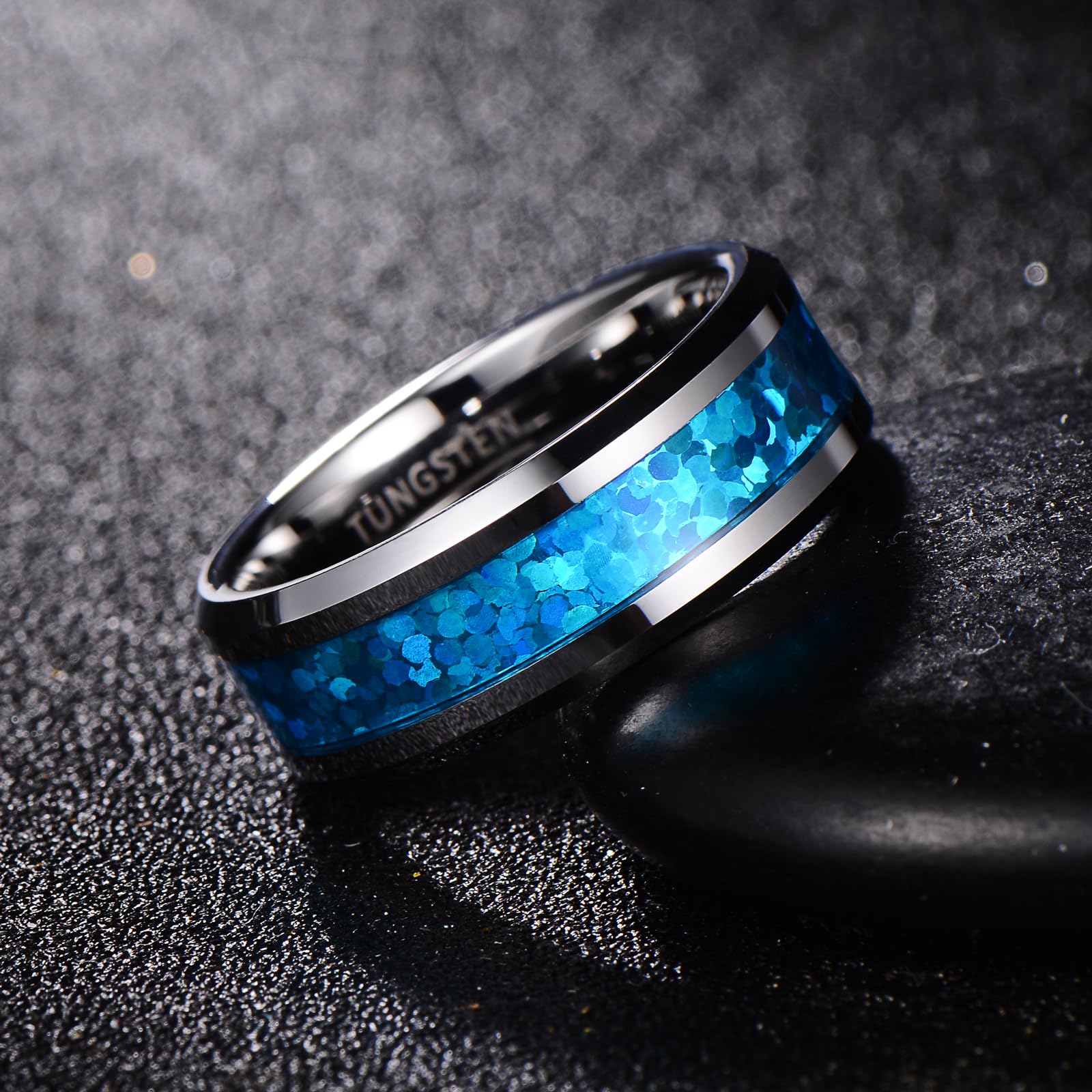 Anello Nuziale in Tungsteno con Intarsio Colorato, Larghezza 8mm con Bordi Smussati e Lucidati (Misura USA)