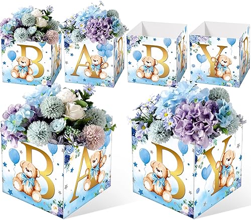 Tanlade 6 cajas de flores de oso azul para baby shower, centros de mesa, decoraciones florales para bebés con letras caja de ducha bloque para mesas