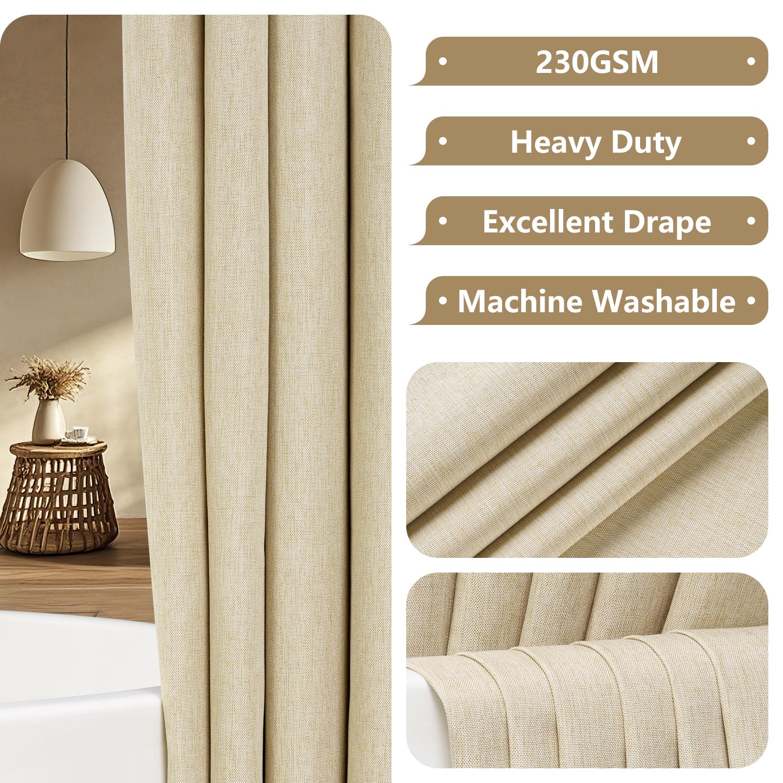 Seenus Petit rideau de douche en tissu beige résistant à l'eau et à texture de lin synthétique durable pour salle de bain de style rustique et bohème pour camping-car, remorque (152 x 167 cm)